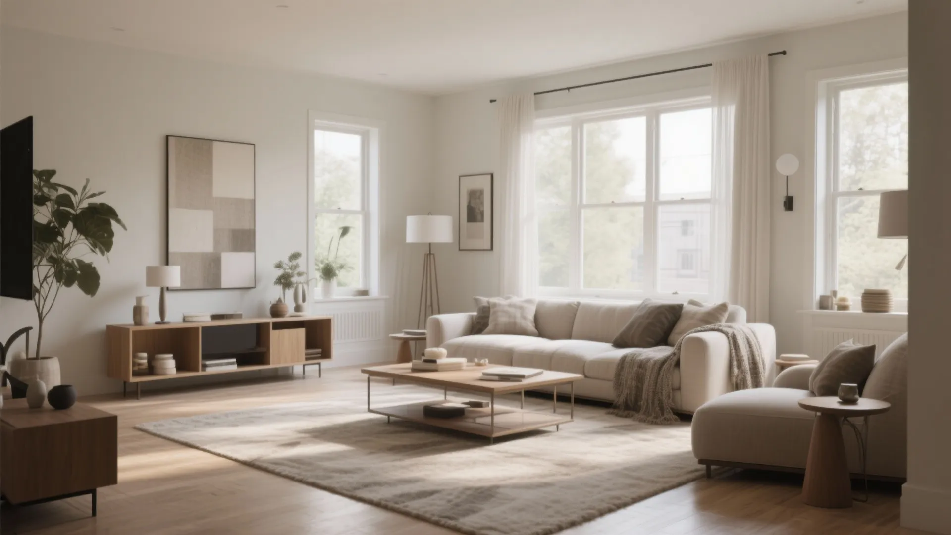 Bright living room with white sofa wooden coffee table floor lamp and large window natural light