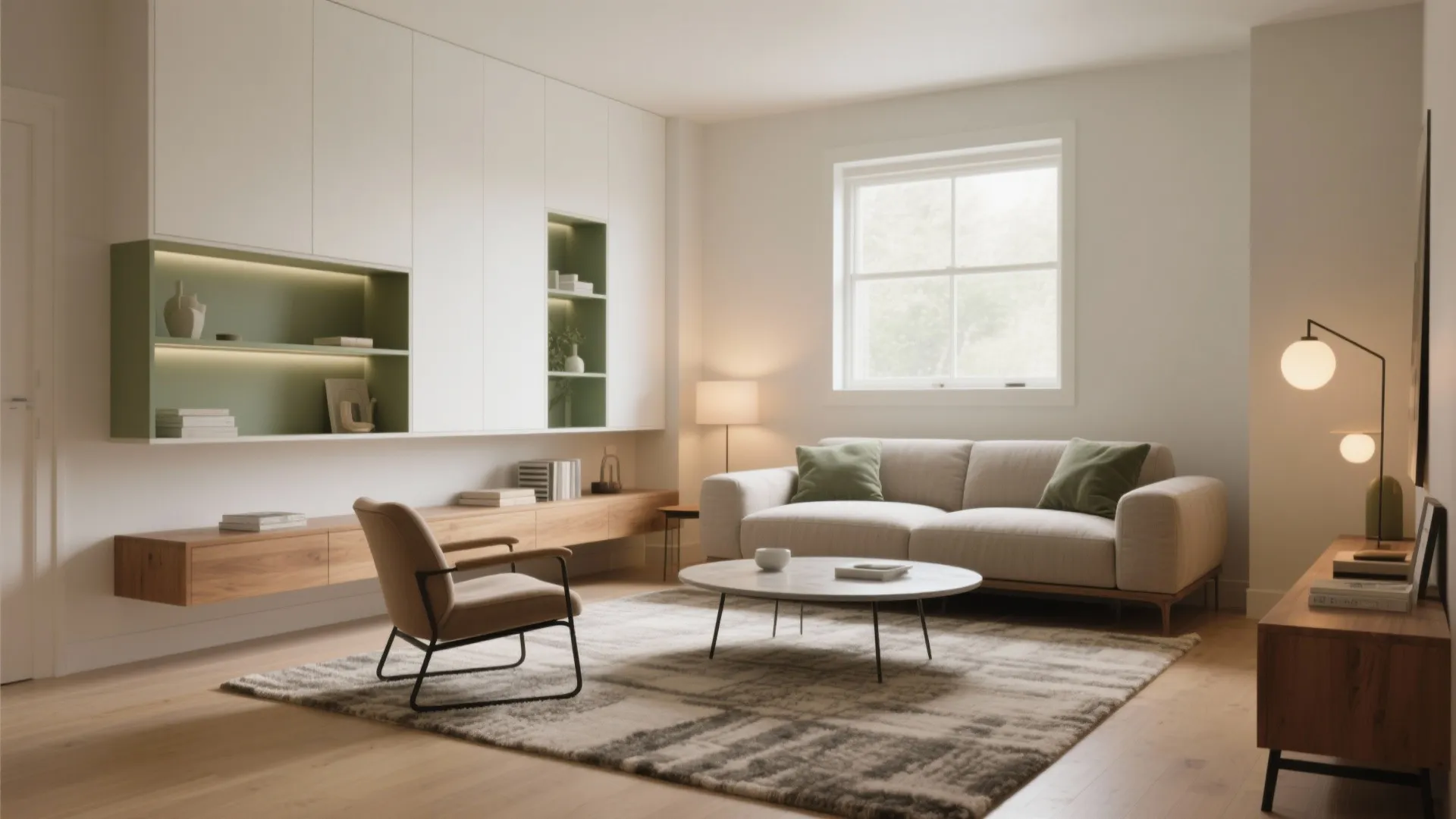 Bright living room with white sofa marble coffee table wooden cabinet wall shelves and natural light