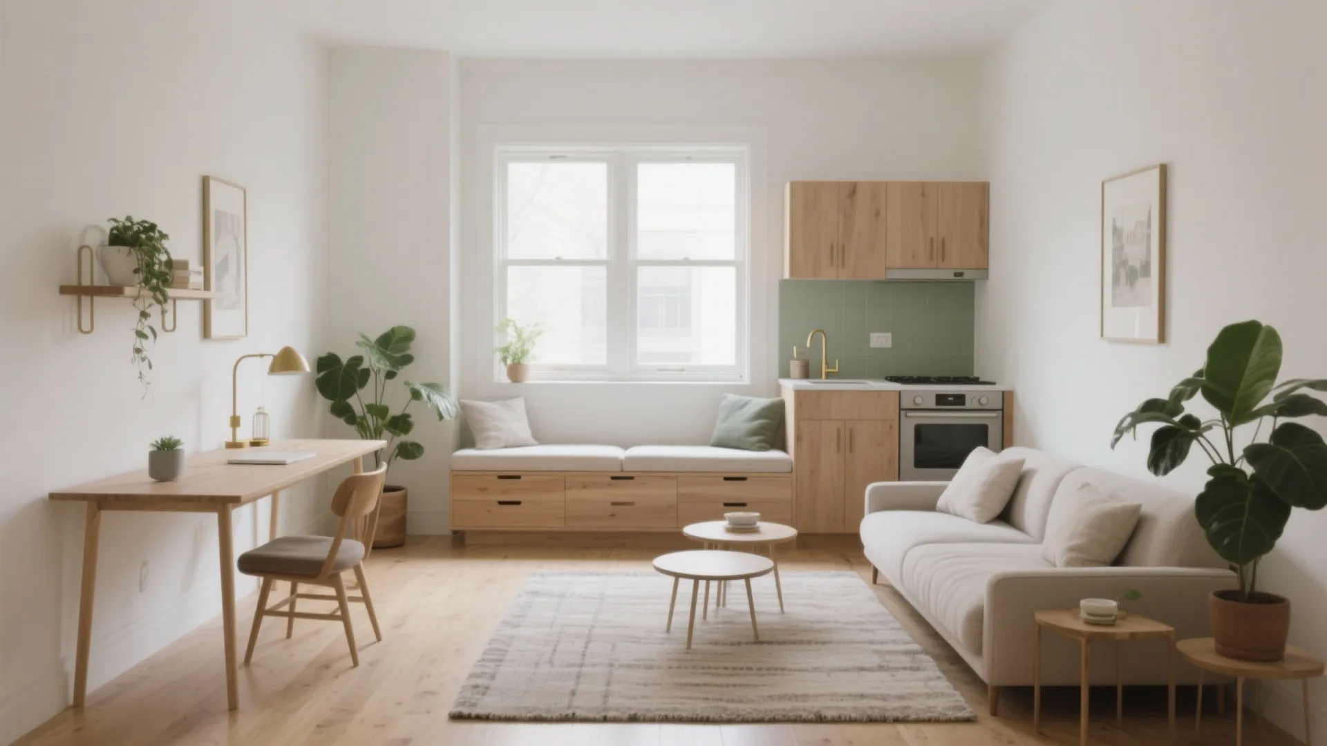 Modern studio apartment with wooden desk white sofa window seat green kitchen and light wood flooring