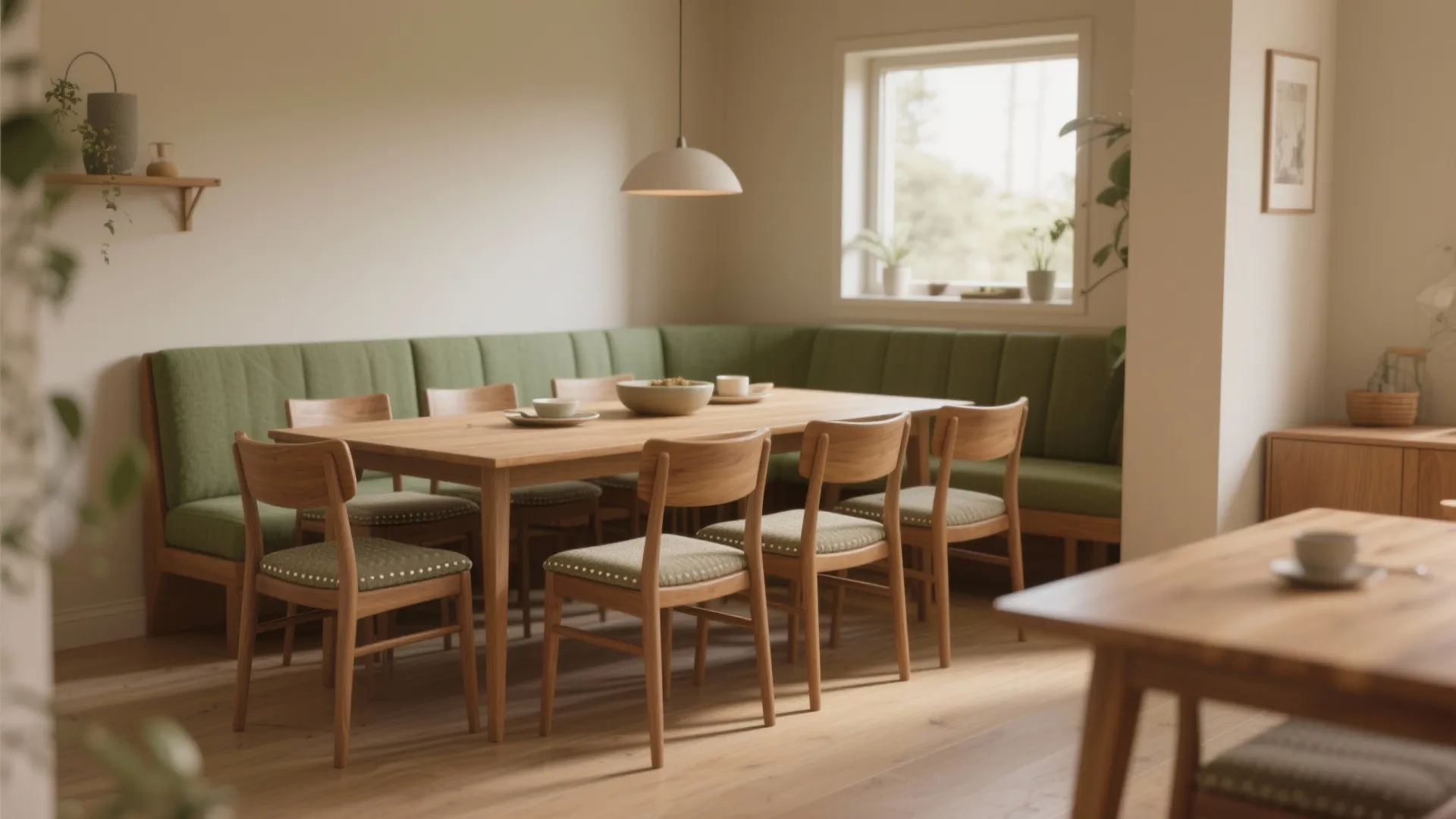 Wooden dining table with green bench seating and matching chairs under a simple ceiling light