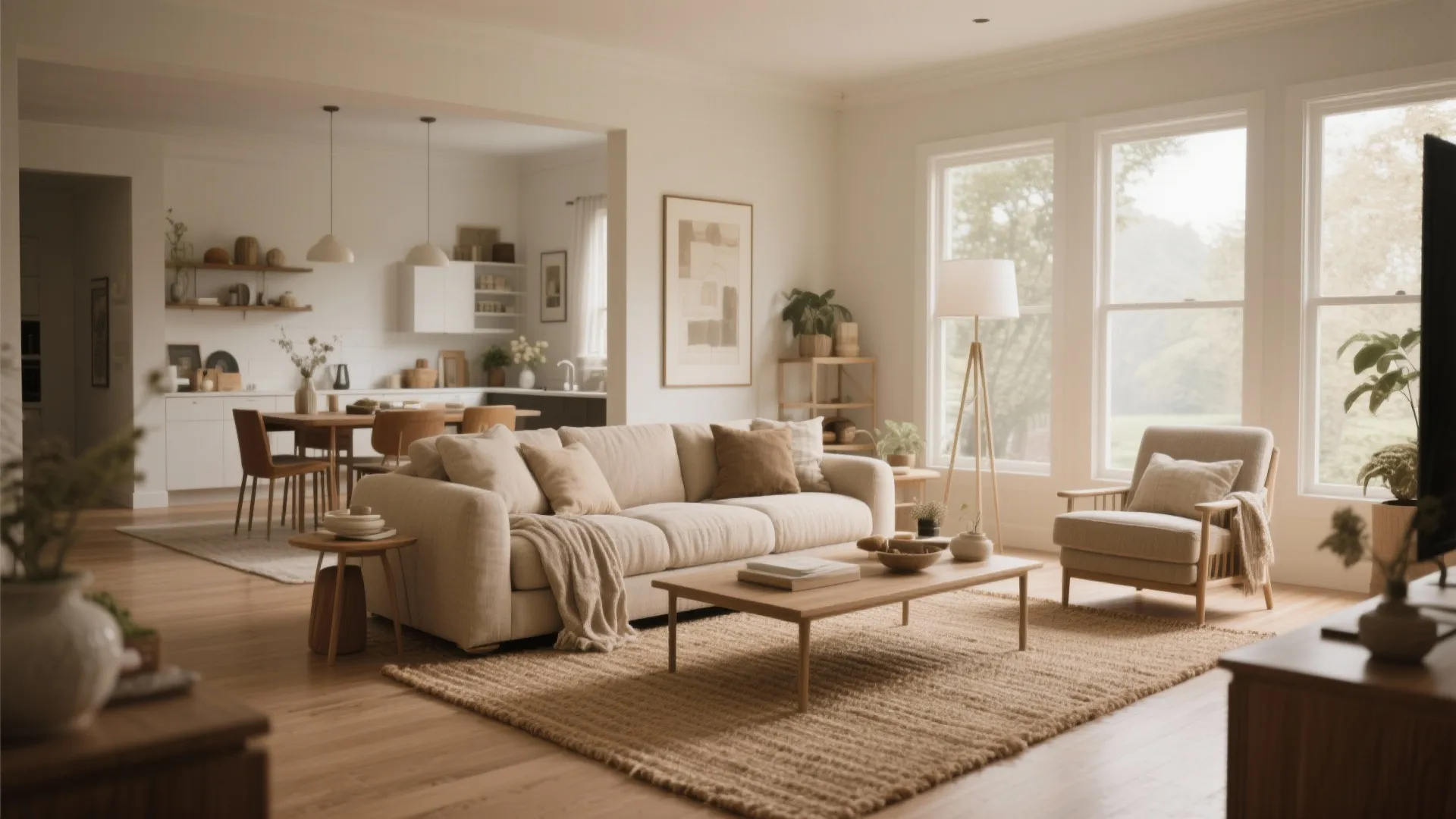 Open plan living room and kitchen area with beige sofa, wooden coffee table, and windows