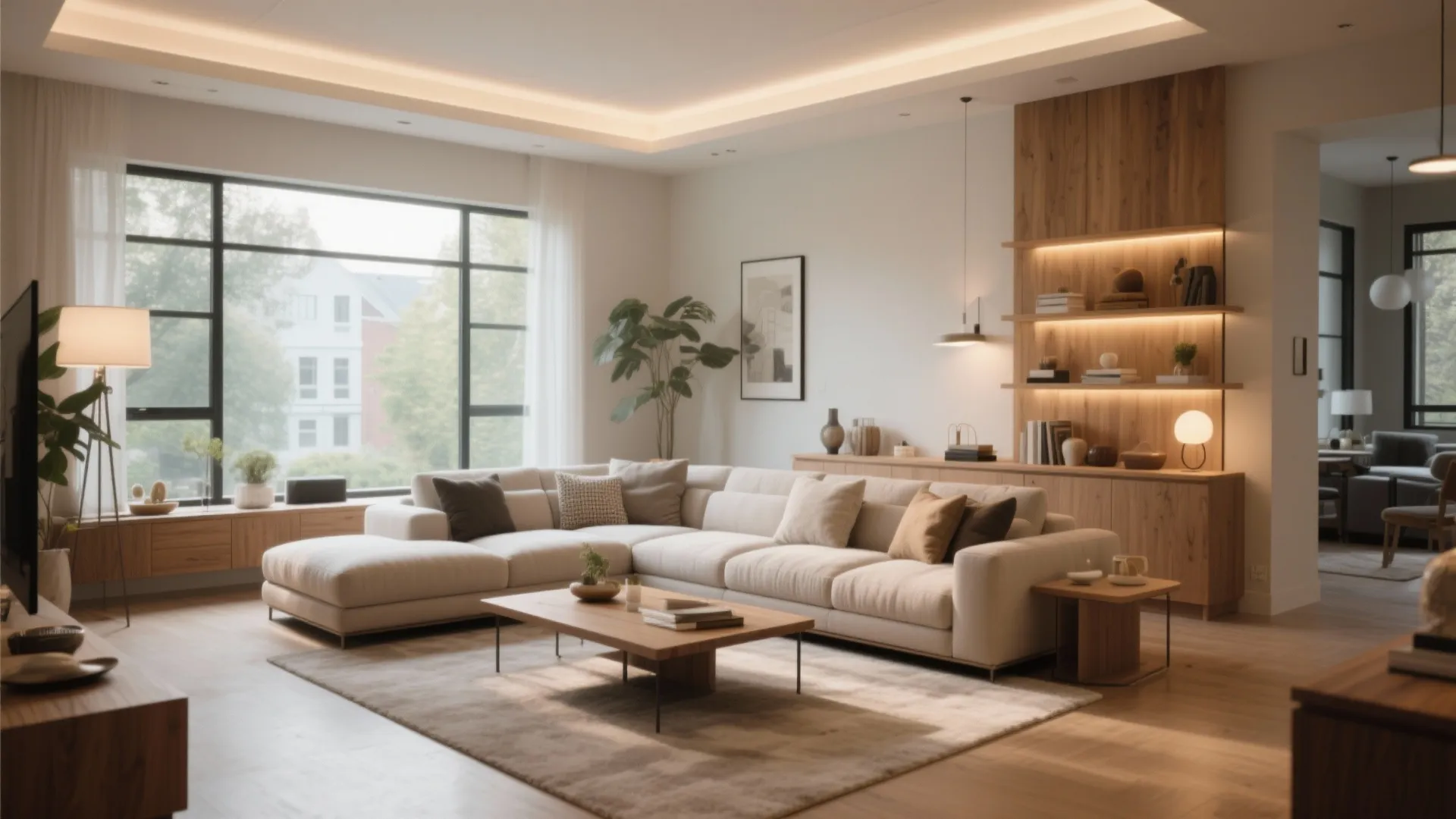 Modern warm living room with beige sofa wood wall panels floor lamp and large window