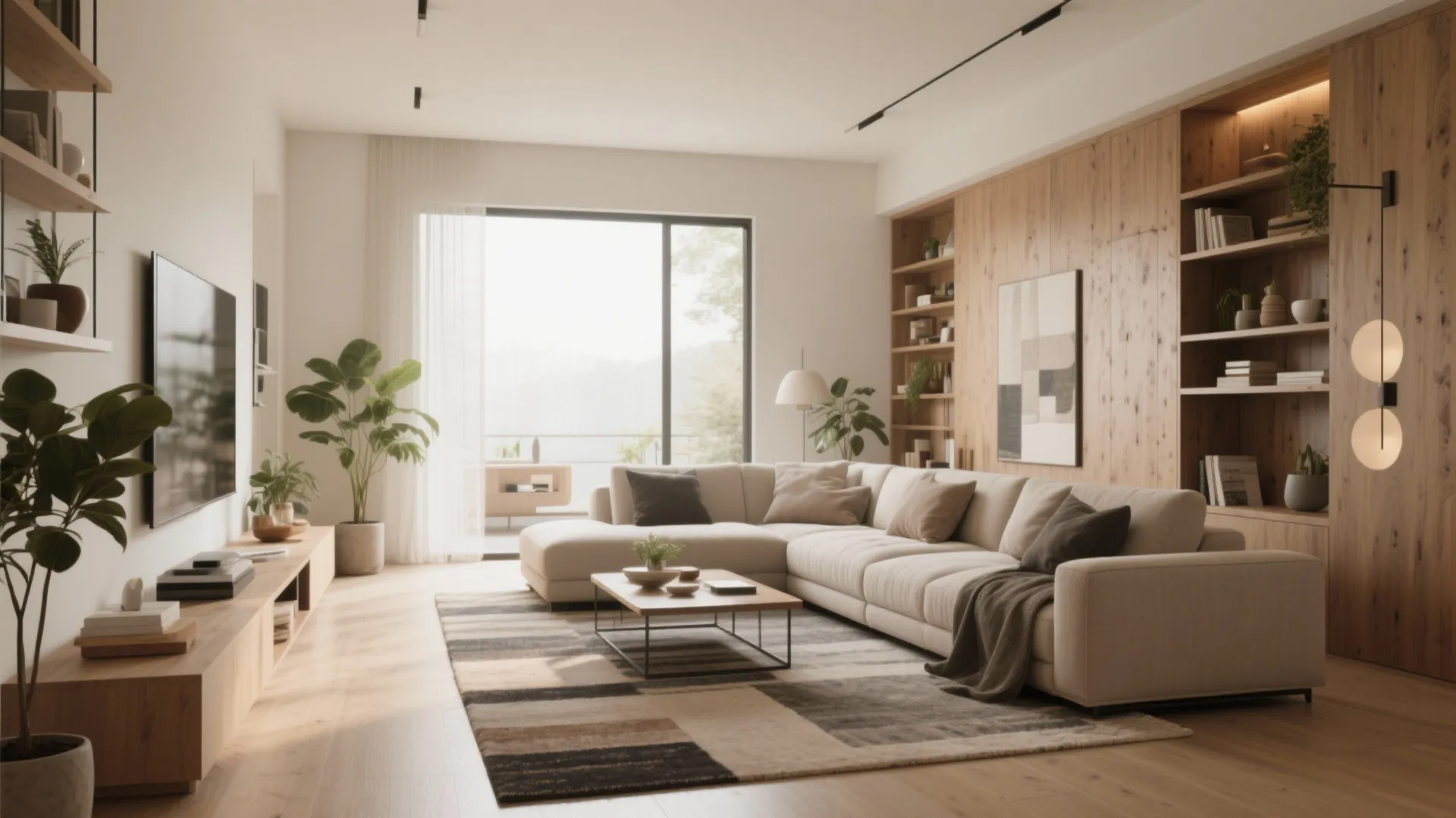 Contemporary living room featuring cream sofa wooden shelves television floor lamp and large glass balcony door