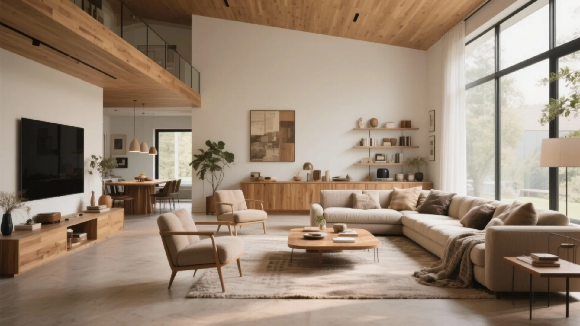 Modern open living room with cream sofa wood ceiling large windows and minimalist wooden furniture design