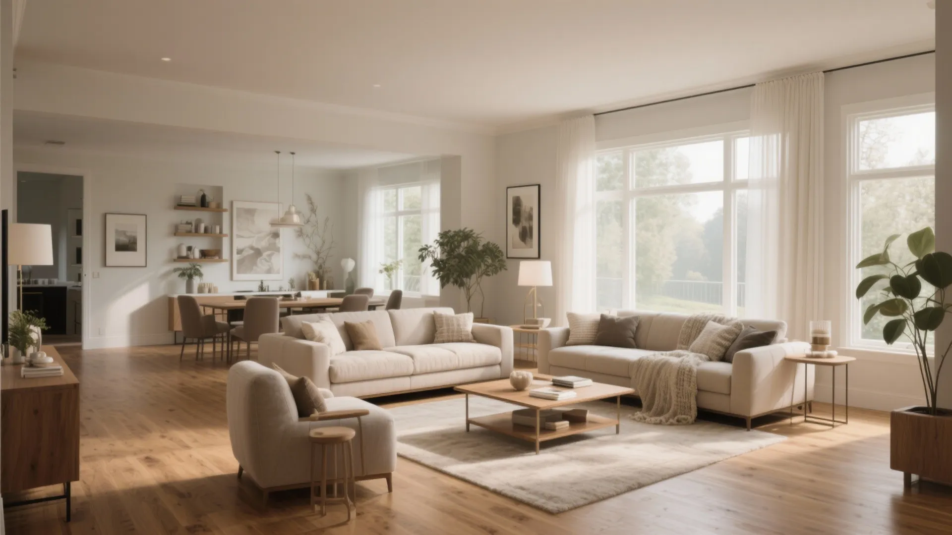 Spacious open living room with cream sofas wooden floors dining area large windows and green plants