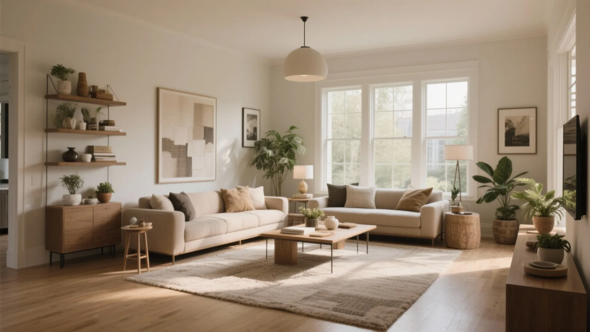 Bright living room with wooden wall shelves two beige sofas and many green indoor plants