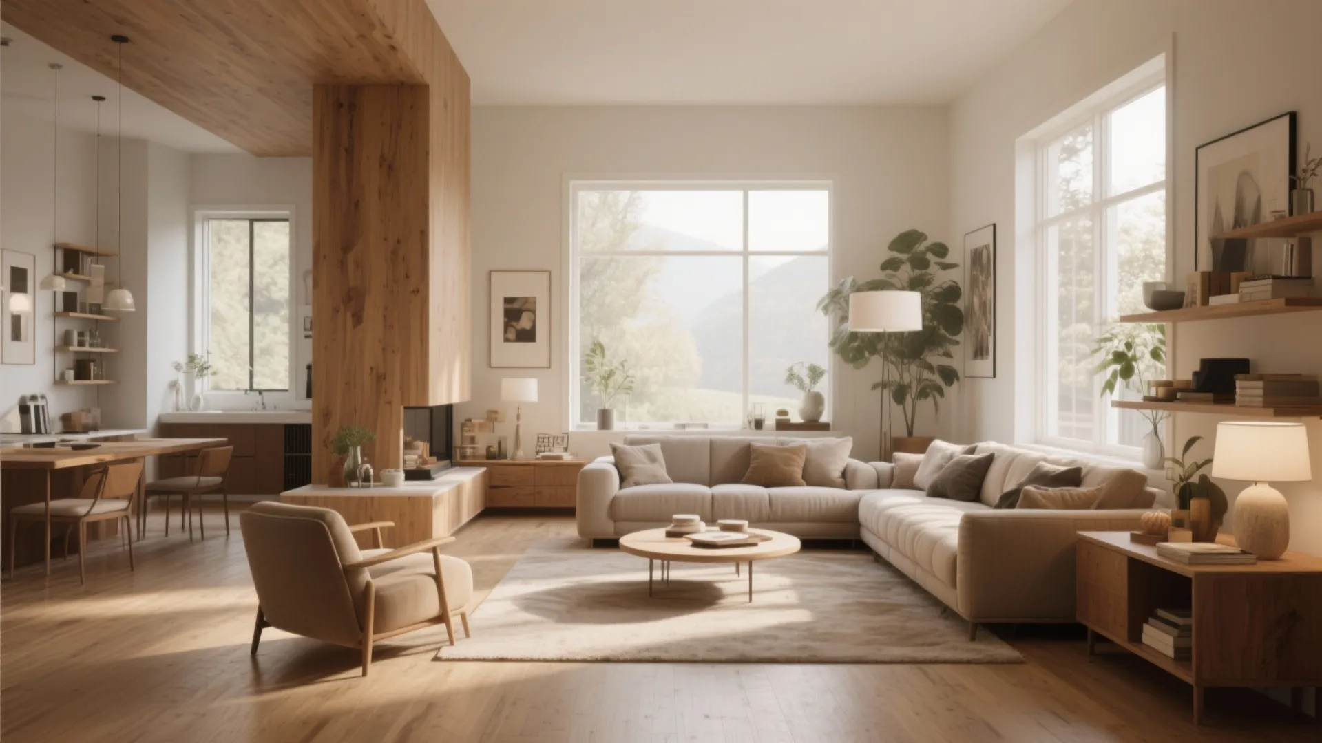 Modern open living area with sectional sofa wood paneling fireplace dining table and large windows