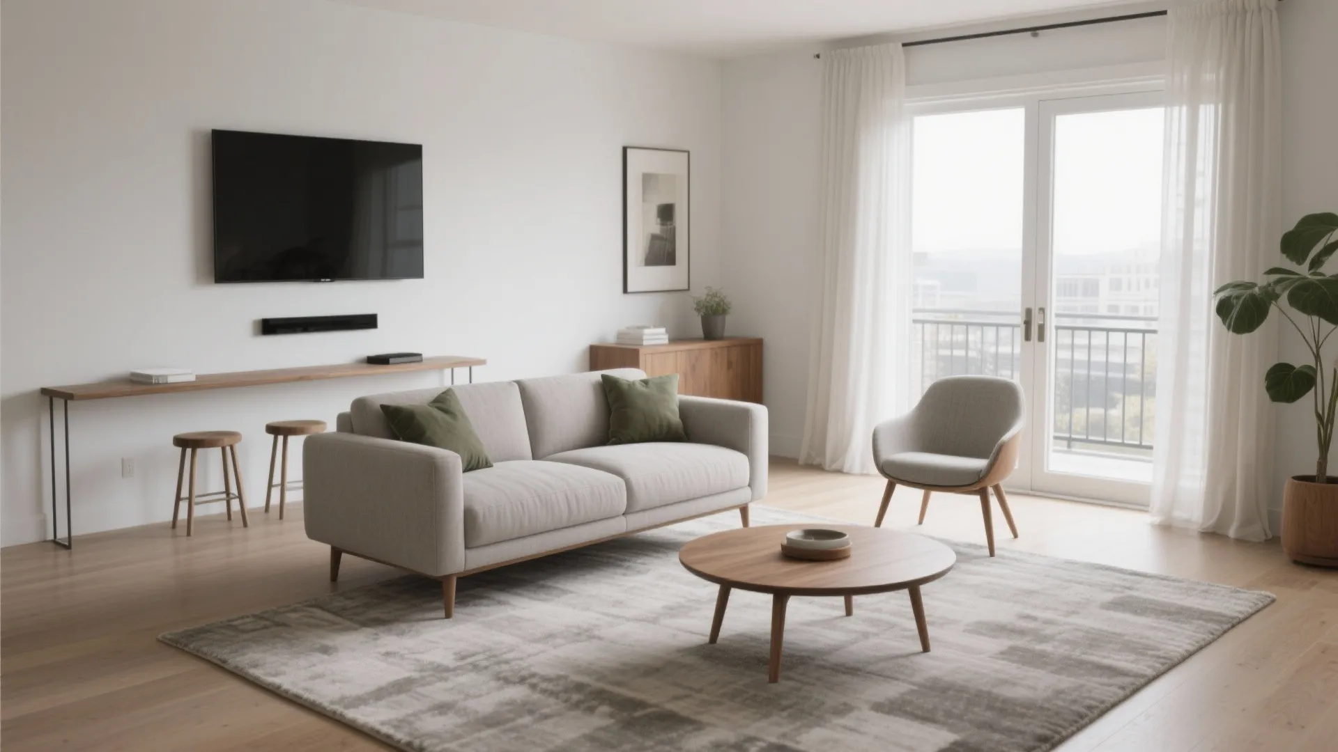 Bright living room with grey sofa wooden coffee table large windows and a balcony view