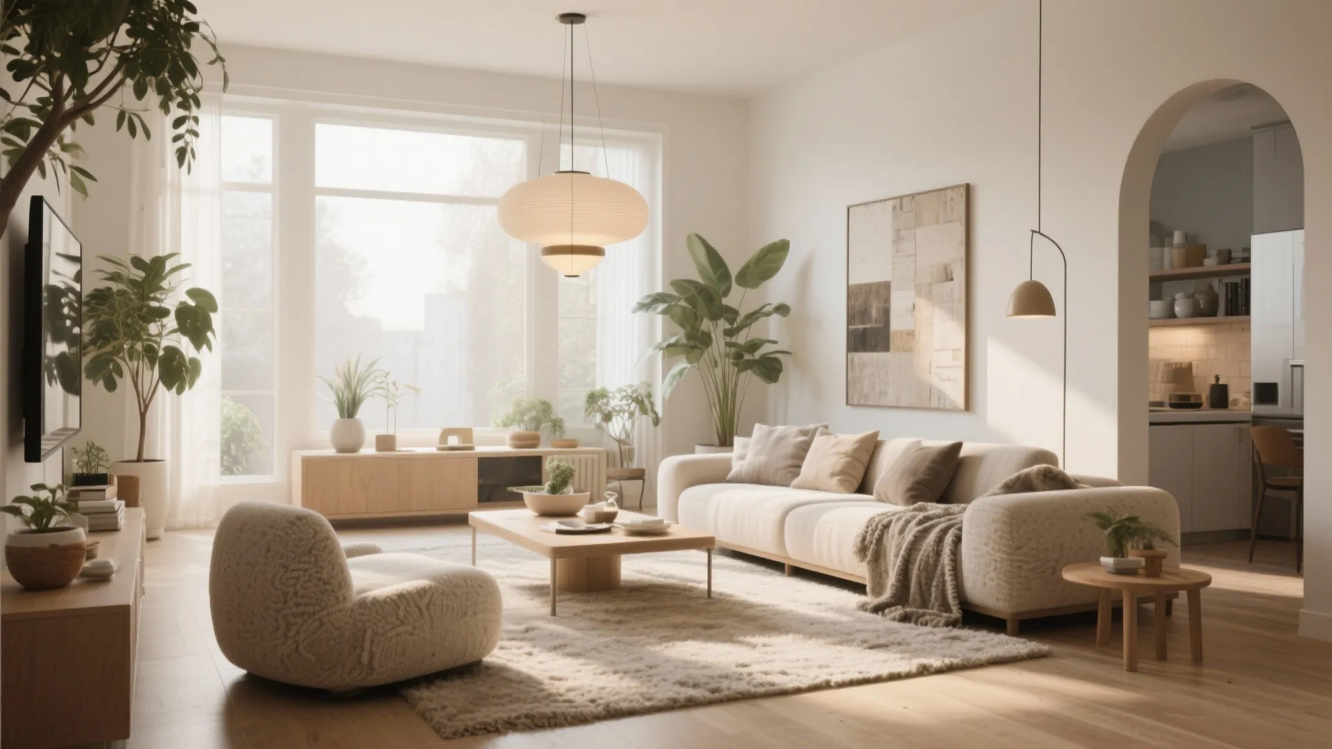 Modern warm living room with beige sofa white rug wooden coffee table and large green plants