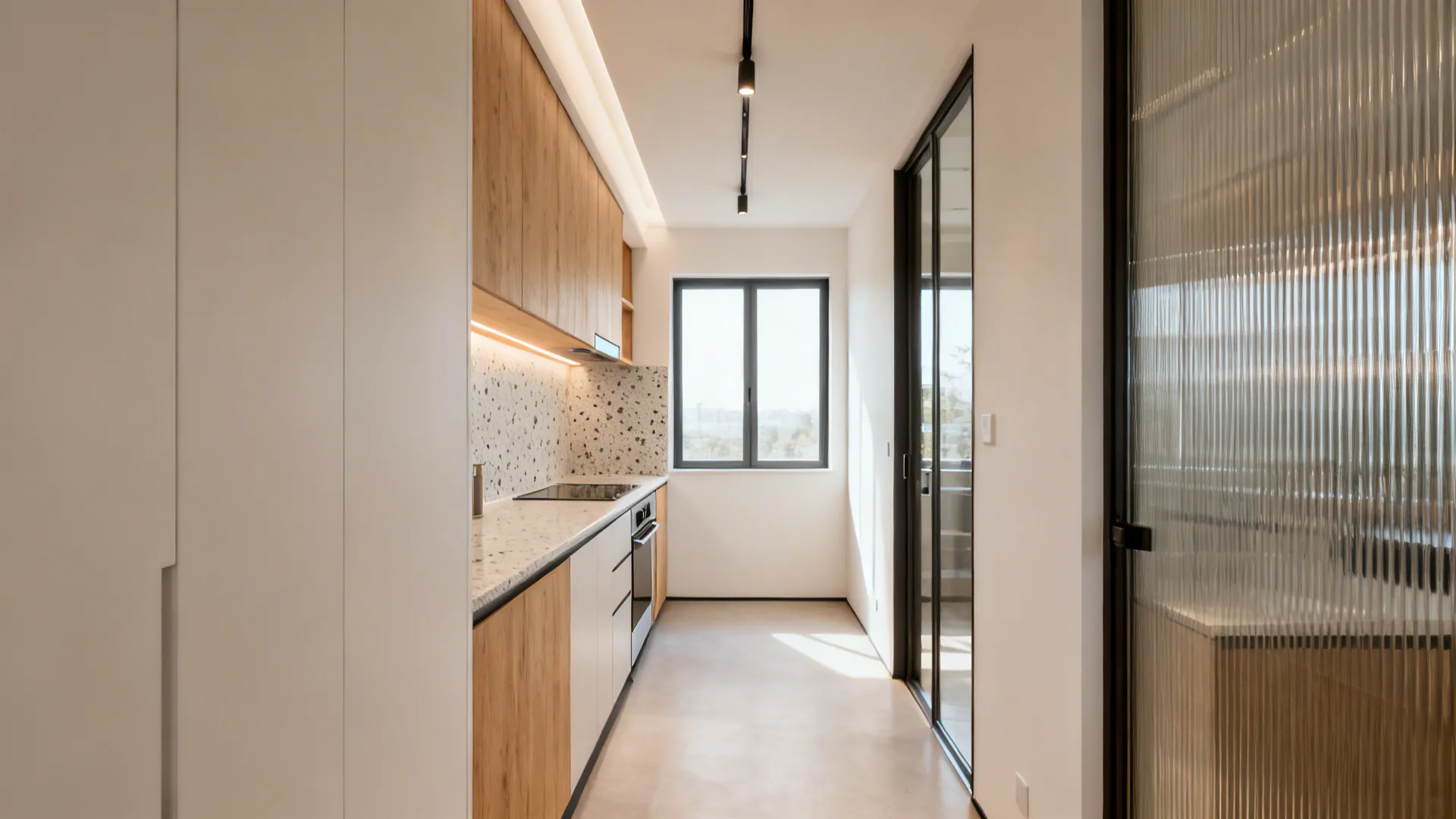 Narrow galley kitchen featuring wood cabinets speckled backsplash track light fixture and glass sliding door