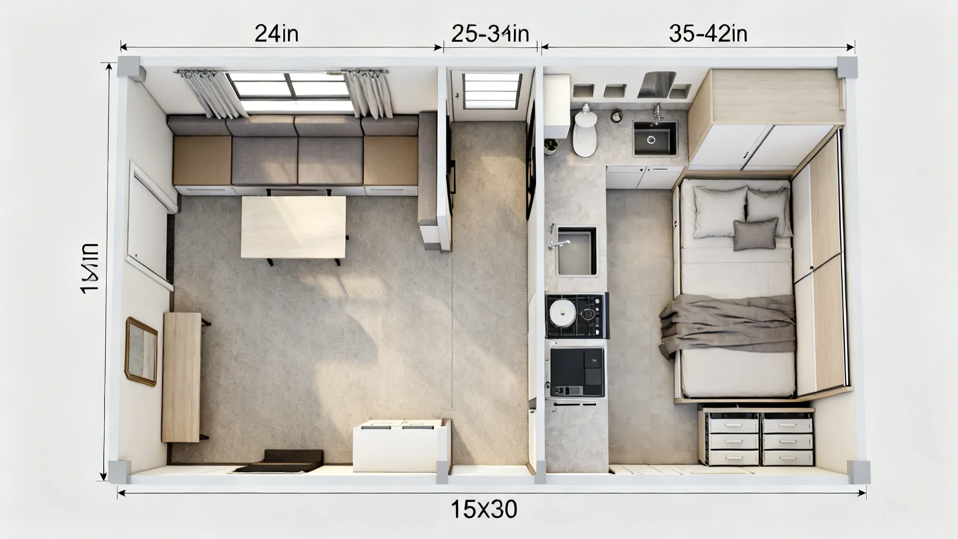 Top-down interior design drawing of a small apartment layout with living room, kitchen, and bedroom