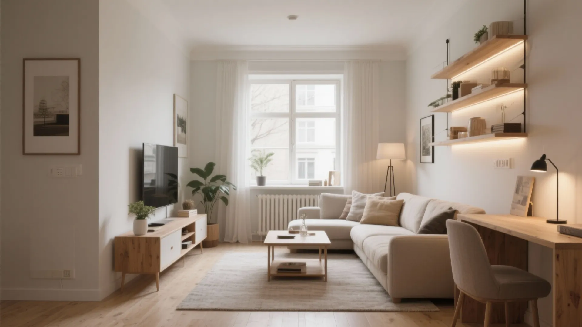 Modern living room with beige sofa wood coffee table white walls and wall light fixture decor