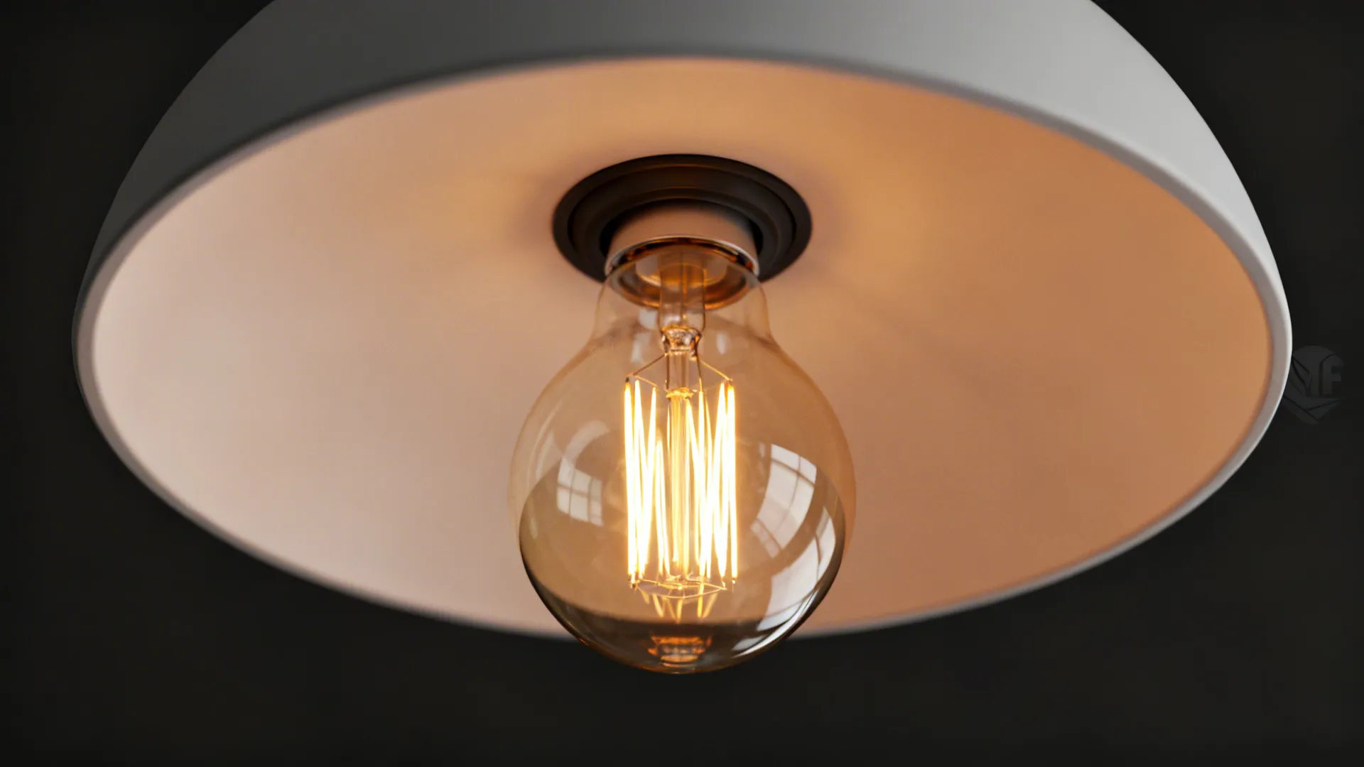 Close-up of a 1600-lumen A19 LED bulb glowing in a ceiling fixture