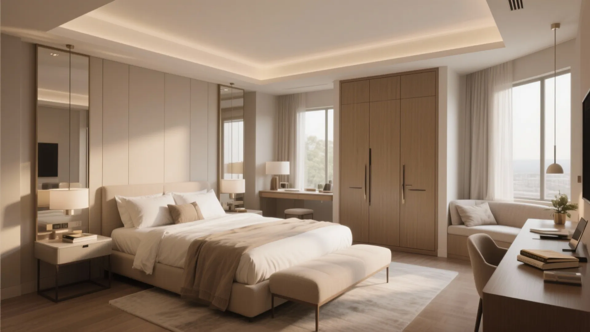 Modern master bedroom featuring a large bed wooden cabinet desk and soft natural window light