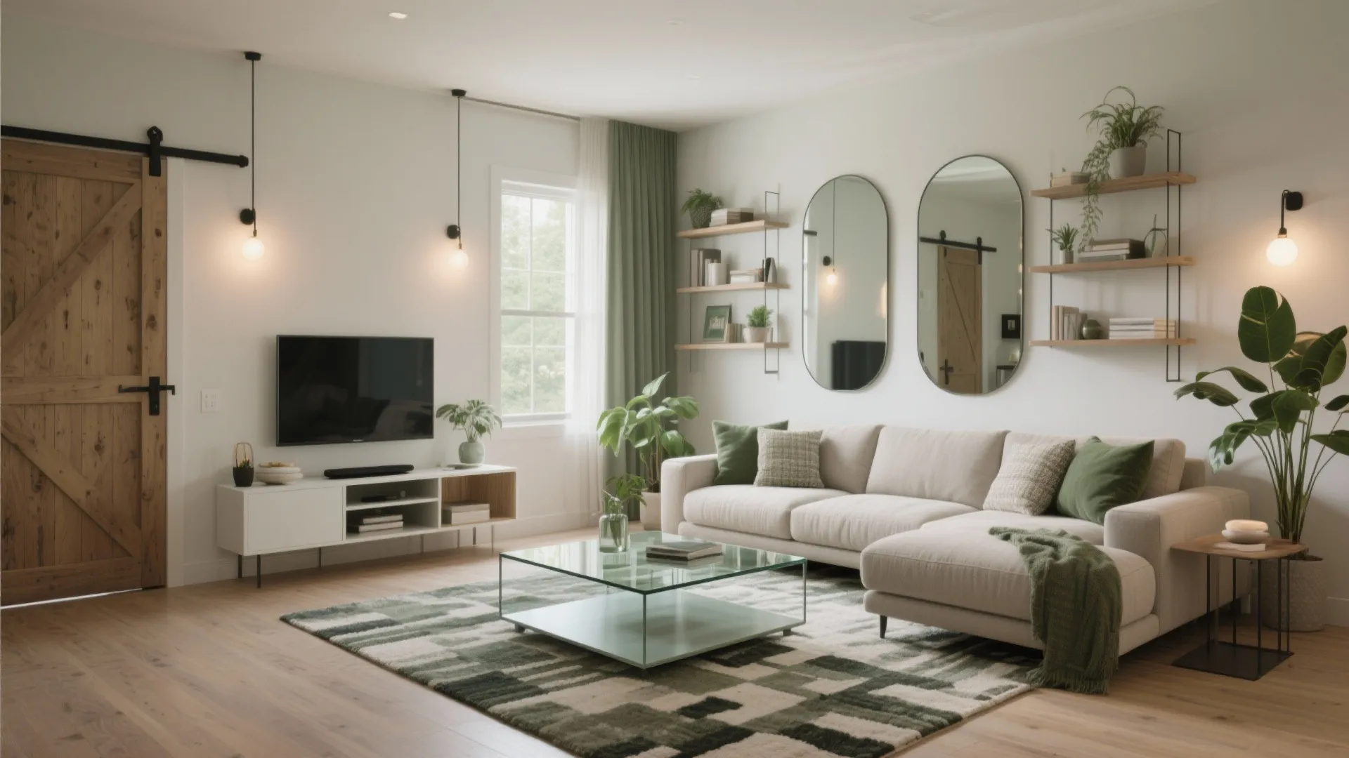 Modern living room featuring large sofa green pillows glass table mirrors and hanging light fixtures
