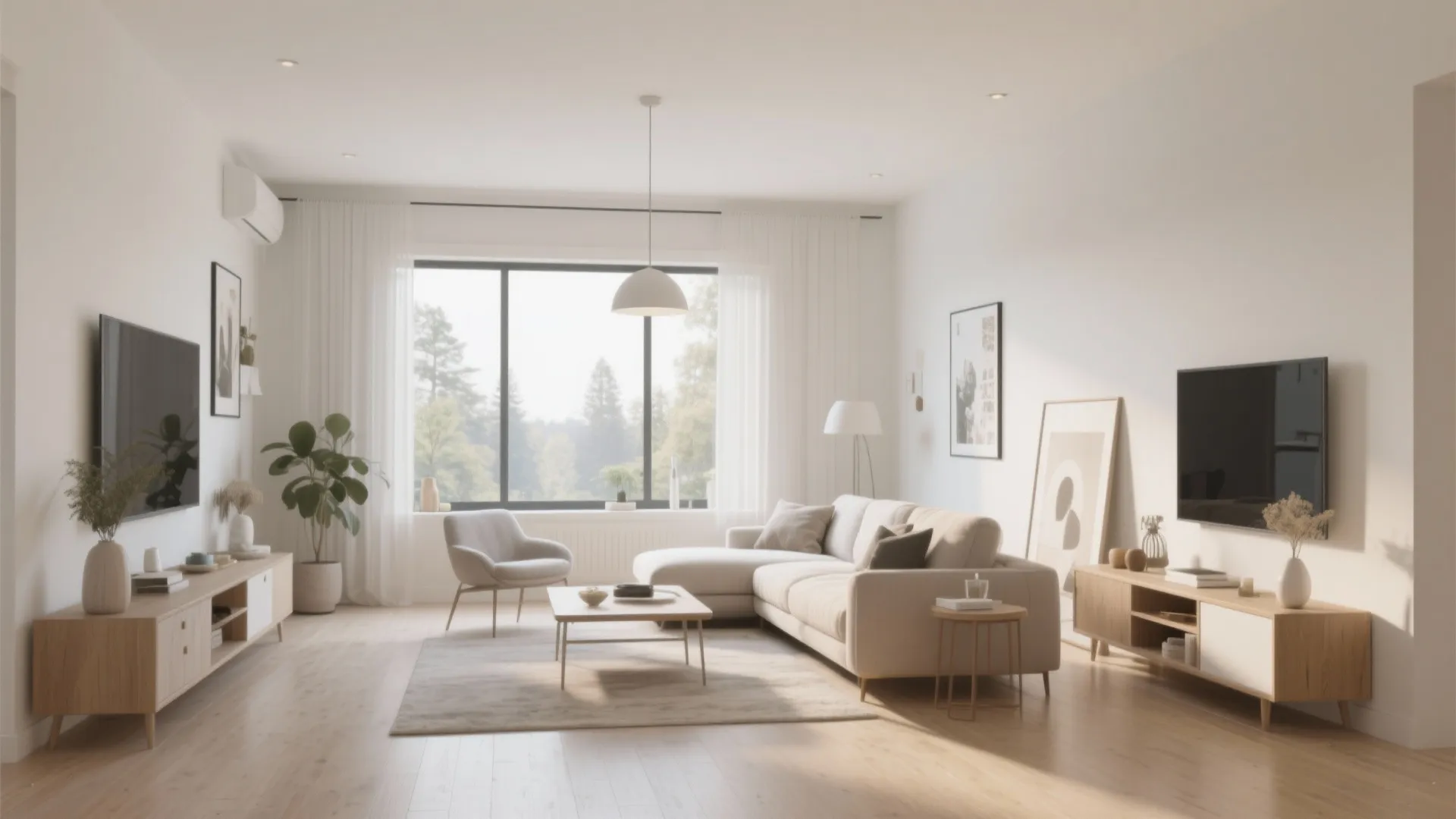Bright minimalist living room featuring a white sofa coffee table wooden cabinets and large window
