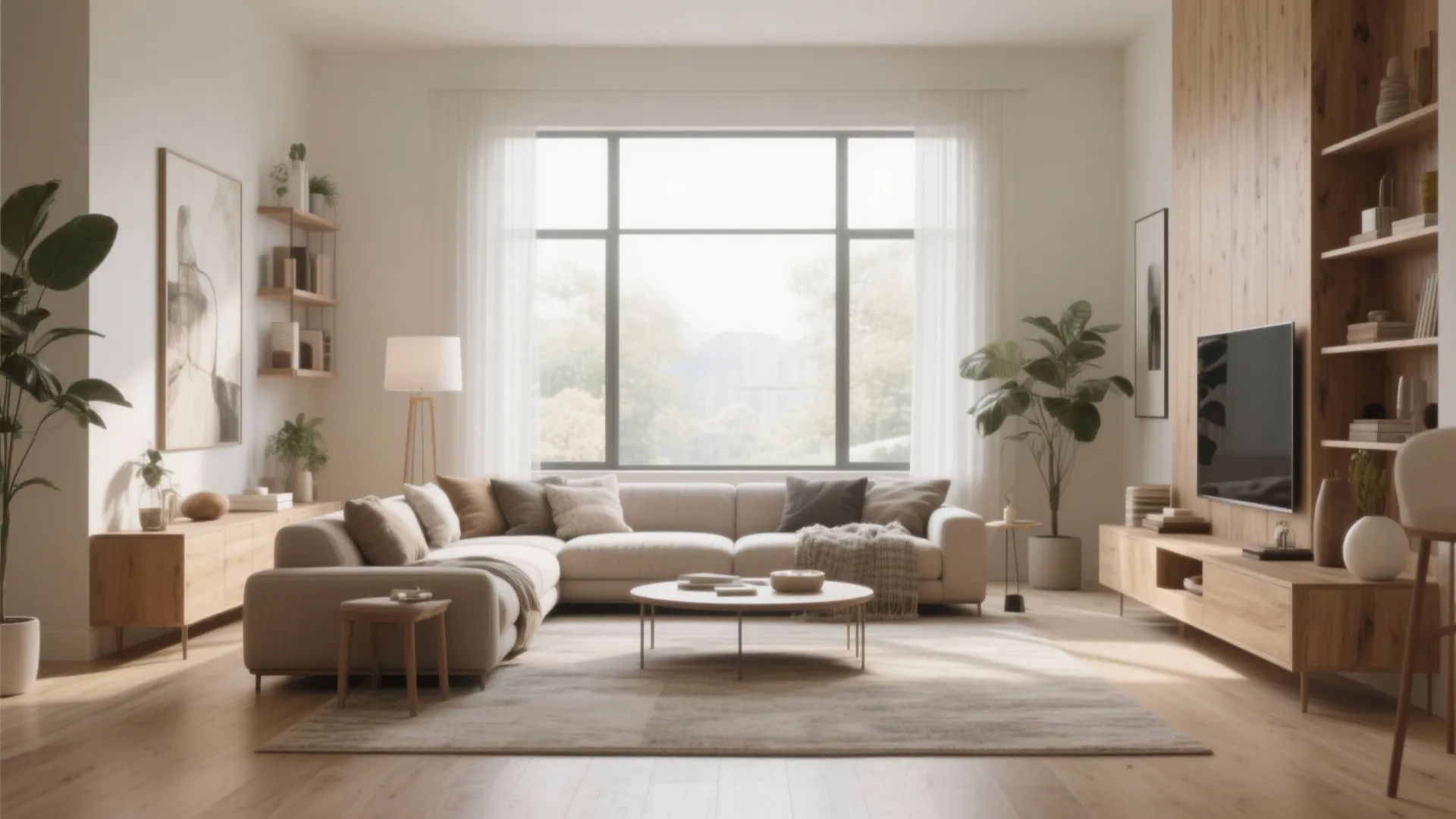 Modern bright living room with large beige sofa coffee table wooden wall shelves and television set