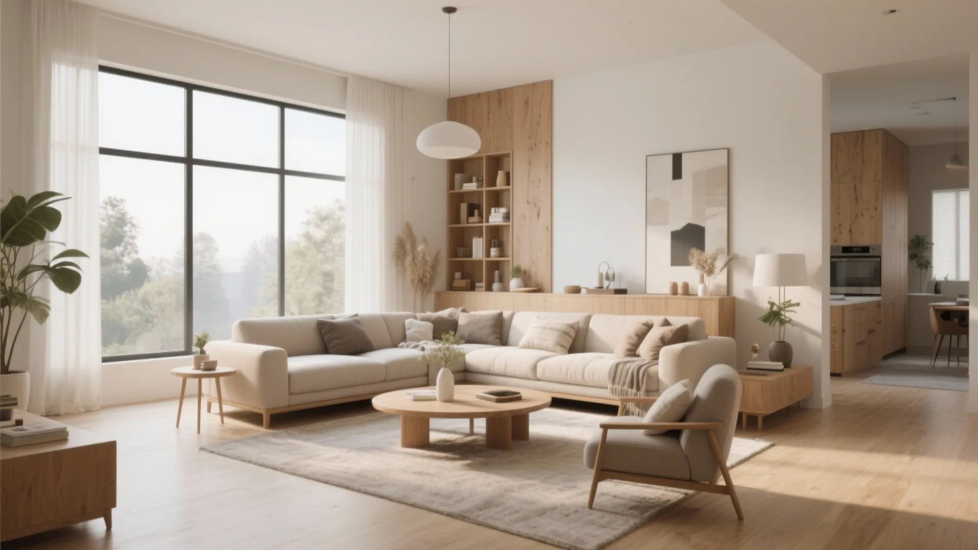 Spacious living room featuring white sofa wooden coffee table large windows and minimalist wall decor