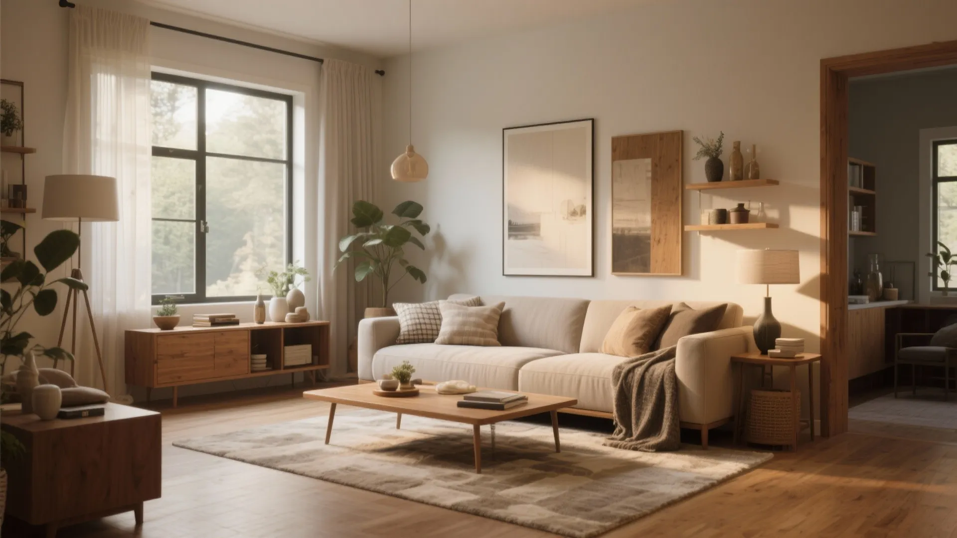 Cozy living room with beige sofa wooden coffee table window green plants and standing floor lamp