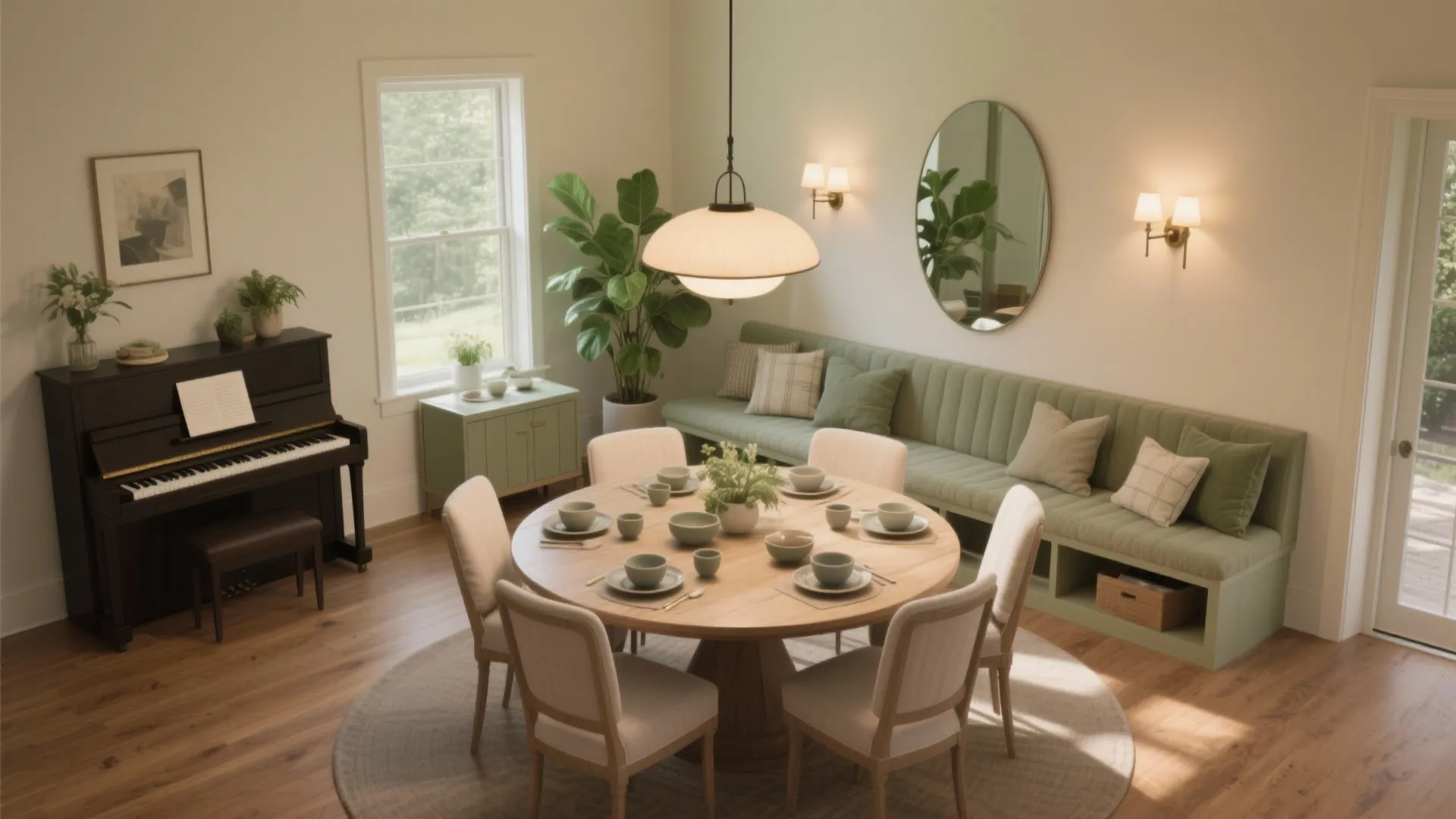Round wooden dining table with chairs green bench seating piano mirror and a ceiling light