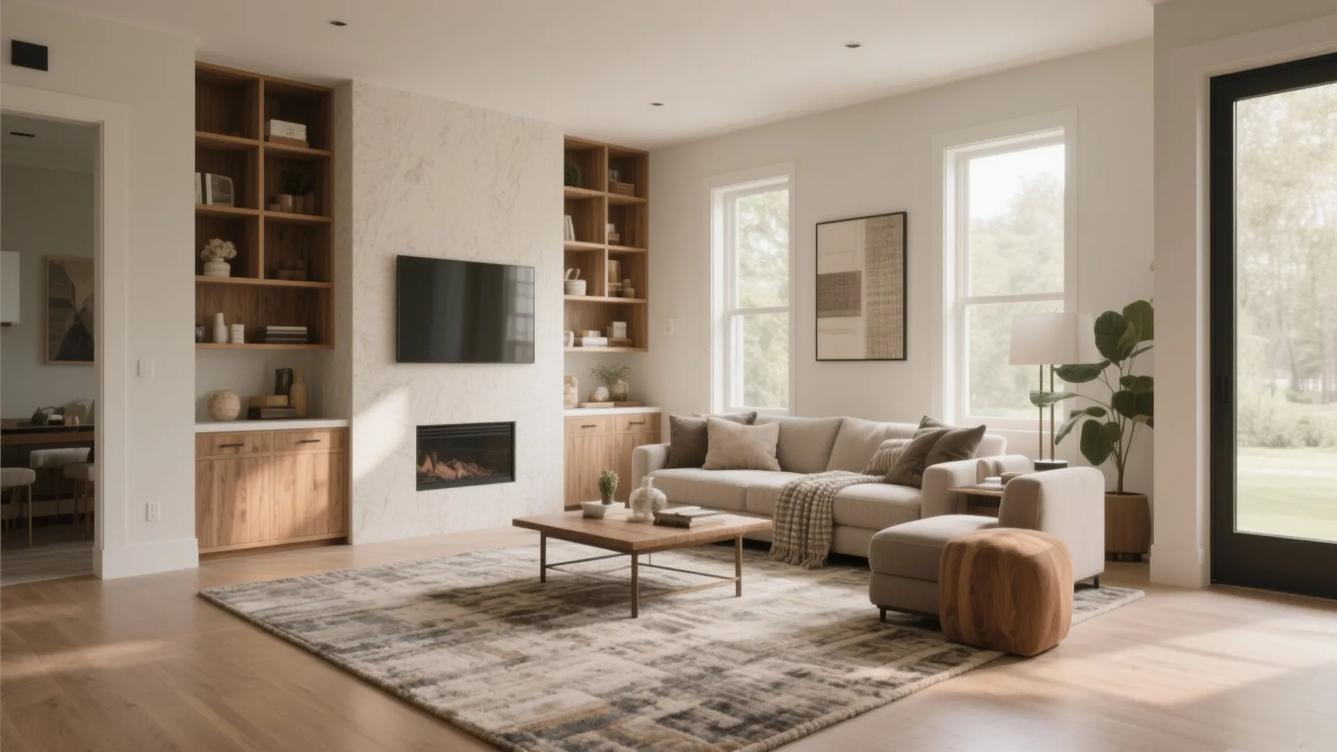 Spacious living room featuring fireplace wall with wooden shelves television large rug sofa and green plant
