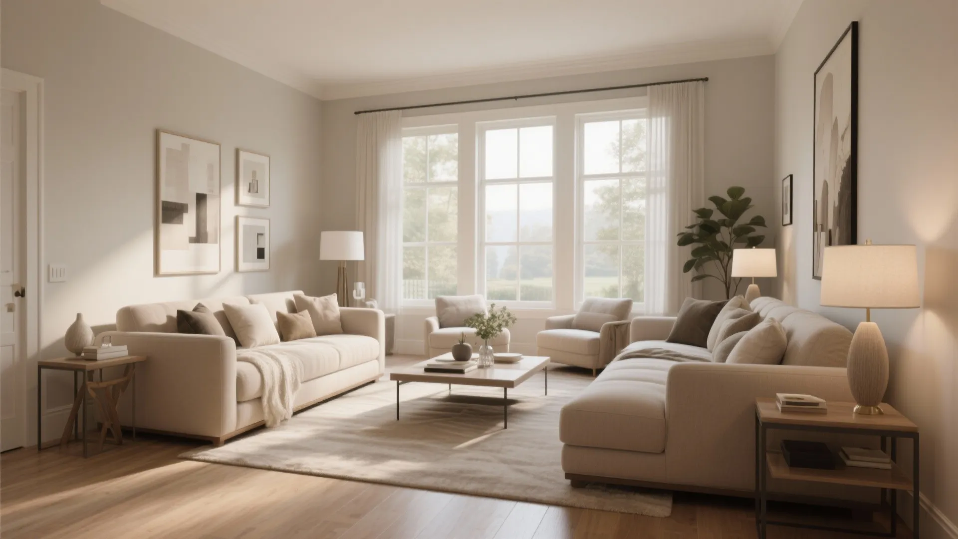 Bright living room with two beige sofas and armchairs near large windows and wooden table
