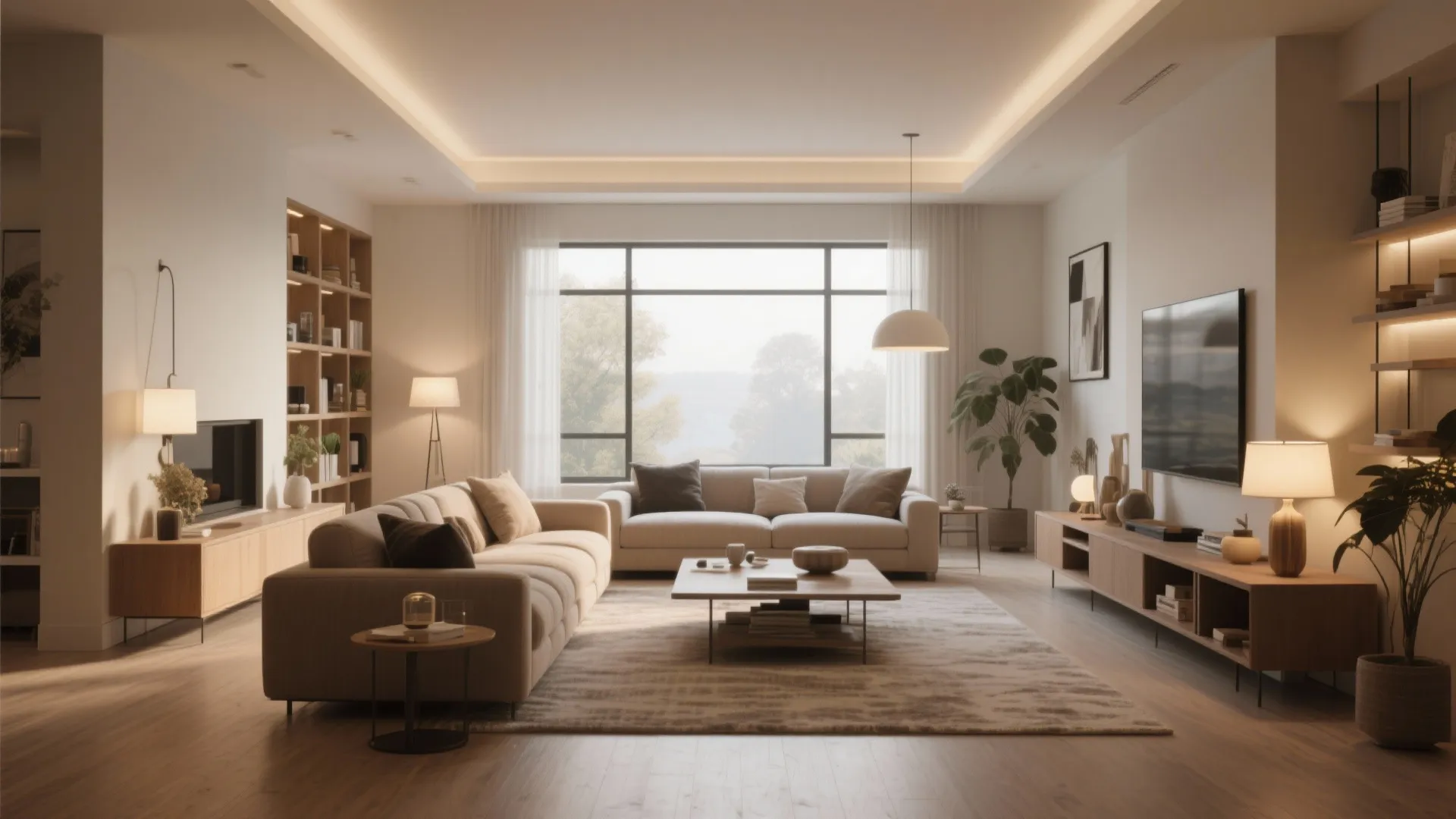 Spacious living room featuring a long sofa wooden cabinet large windows and warm soft lighting