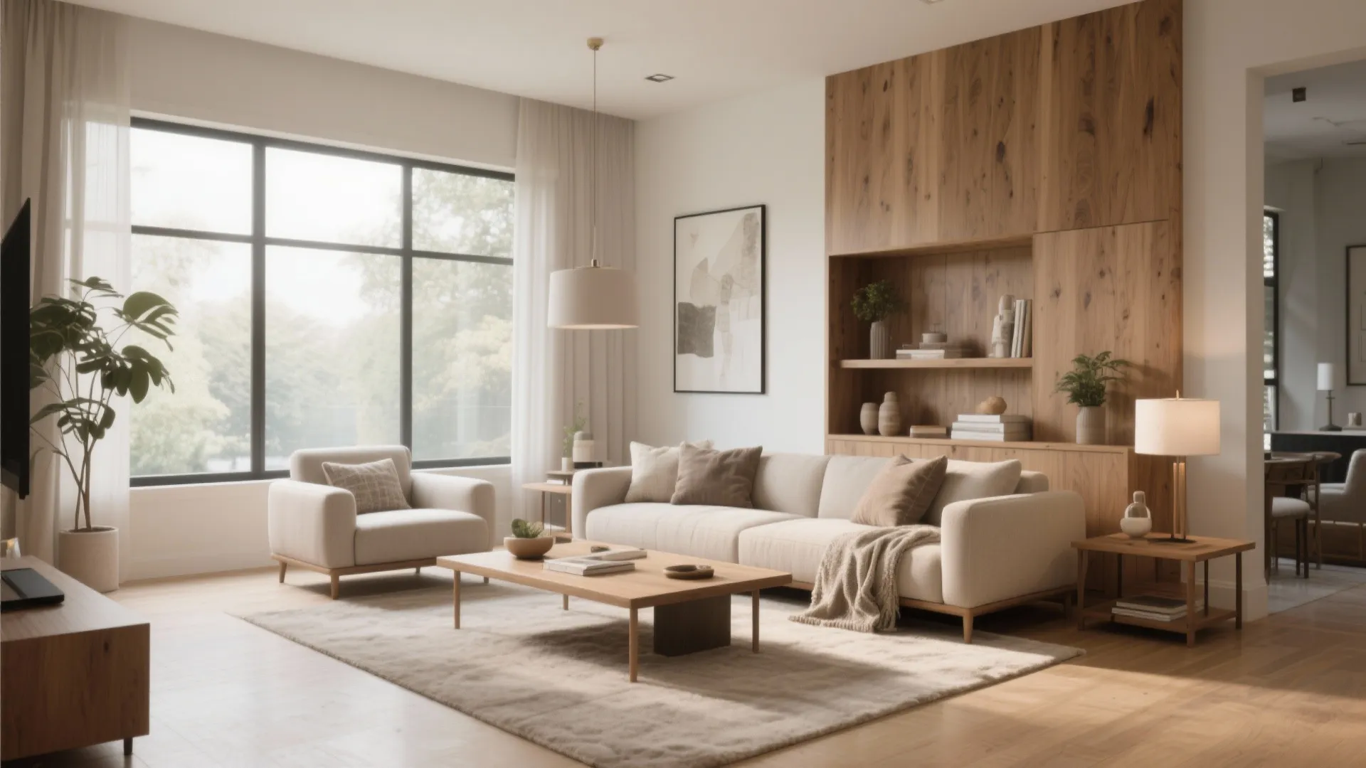 Modern bright living room with beige sofa wood coffee table large windows and wooden wall panel