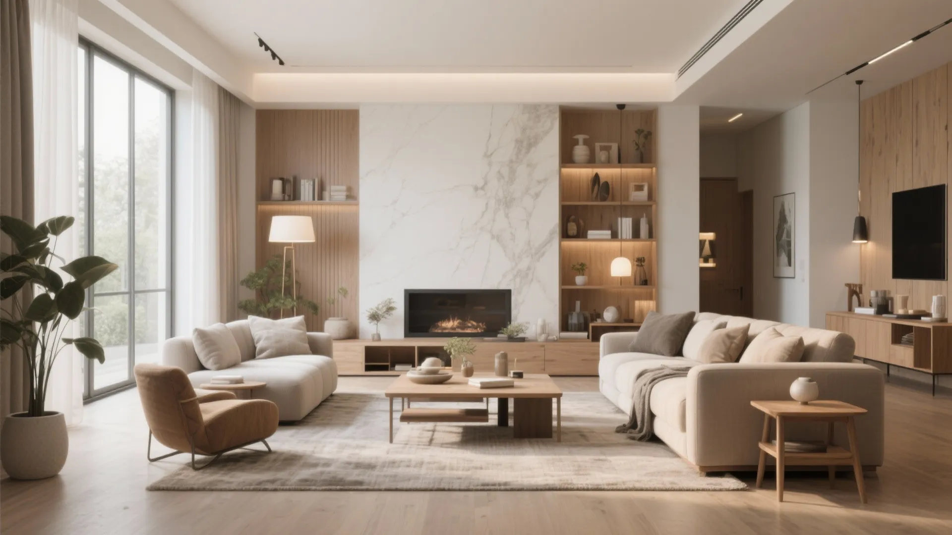 Spacious modern living room with fireplace marble wall panel wooden shelves sofa and large windows