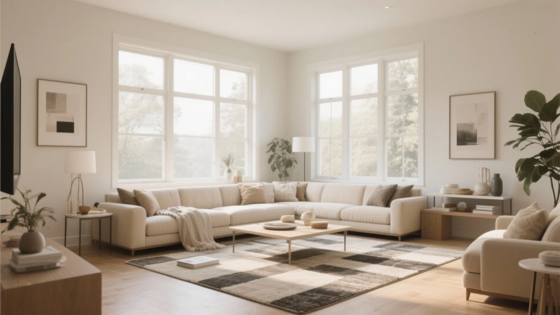 Spacious bright living room with large corner sofa wooden coffee table and big sunny windows