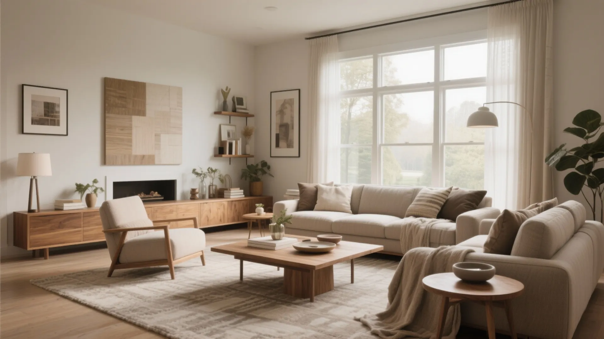 Spacious beige living room with wooden furniture large windows floor lamp and cozy cream colored sofa