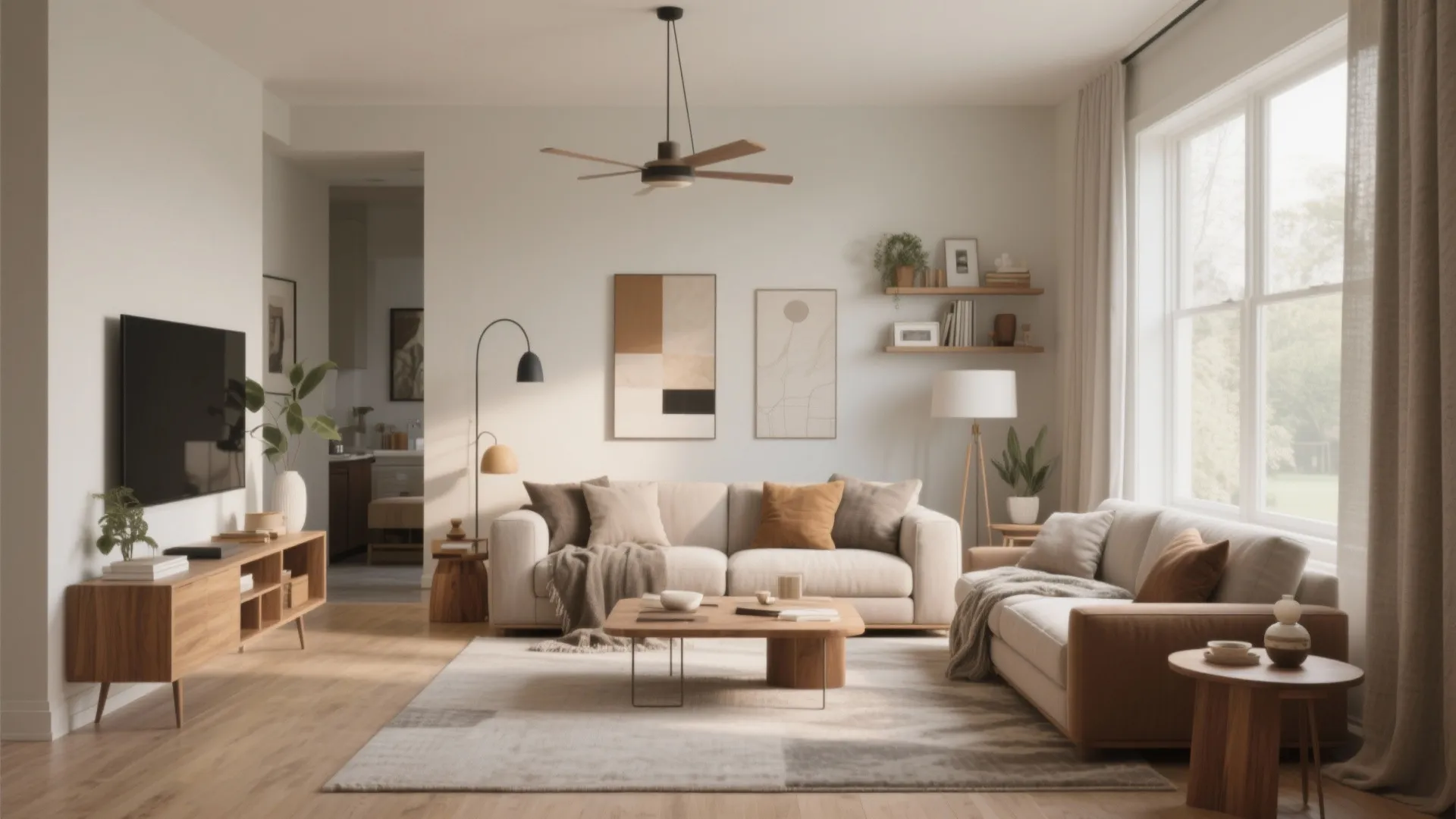 Spacious living room featuring cream sofa wooden cabinet ceiling fan large windows and wall art