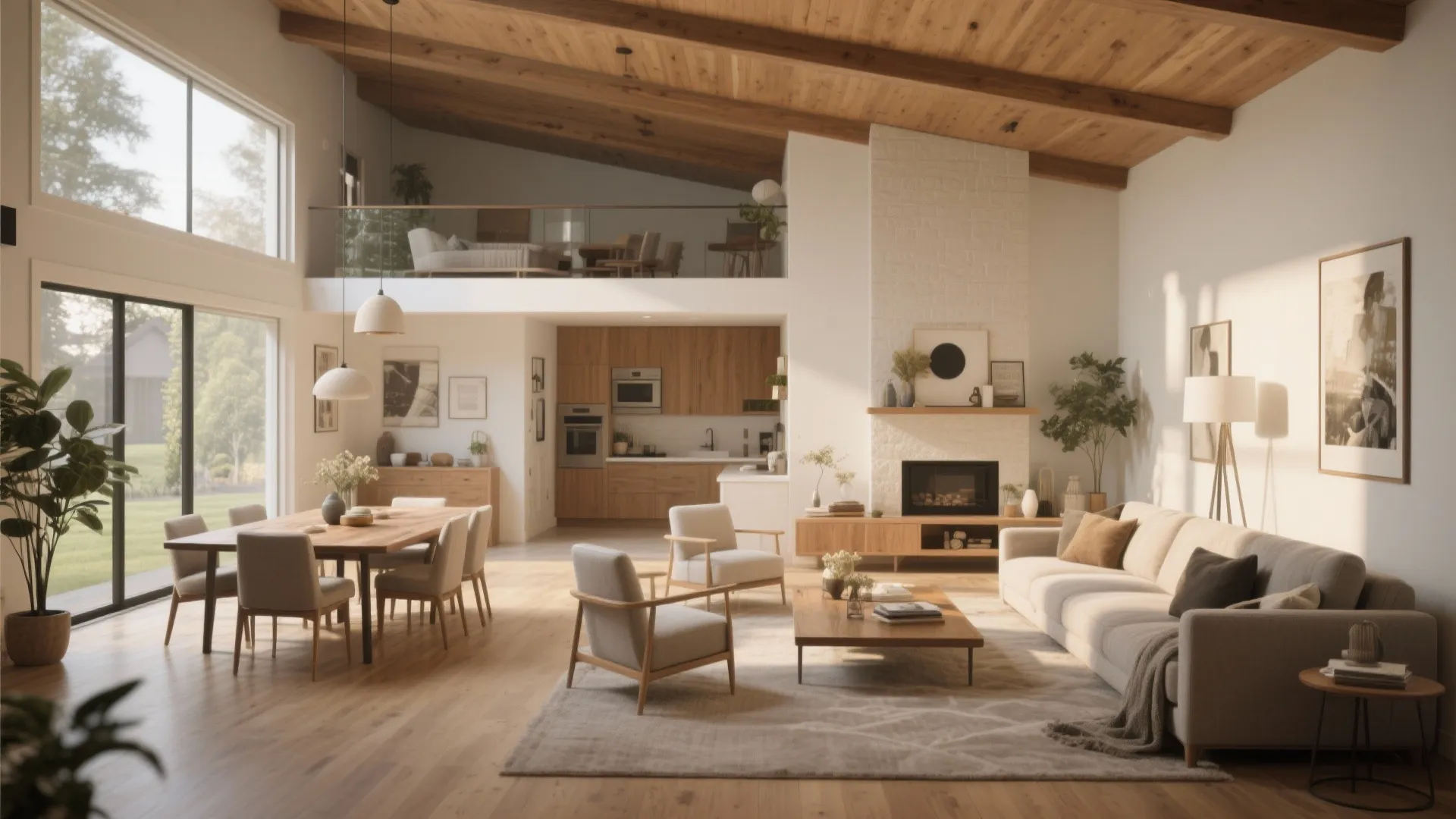 Spacious living room with high wooden ceiling fireplace white sofa dining table and large windows