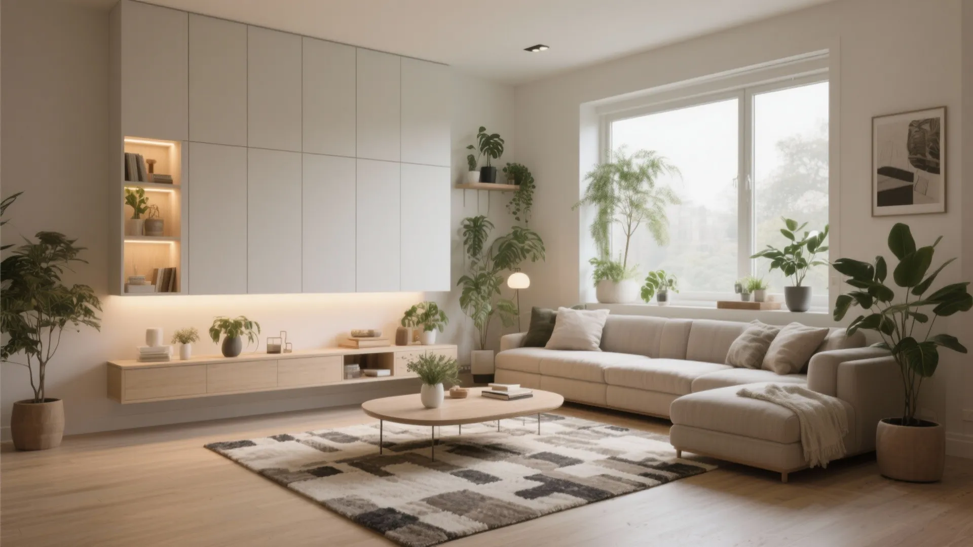 Modern living room featuring large white wall cabinet light sofa coffee table and patterned rug