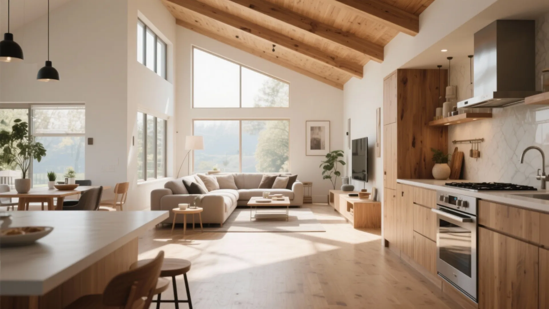 Open plan living room and kitchen with wood ceiling large windows sofa and wood cabinets
