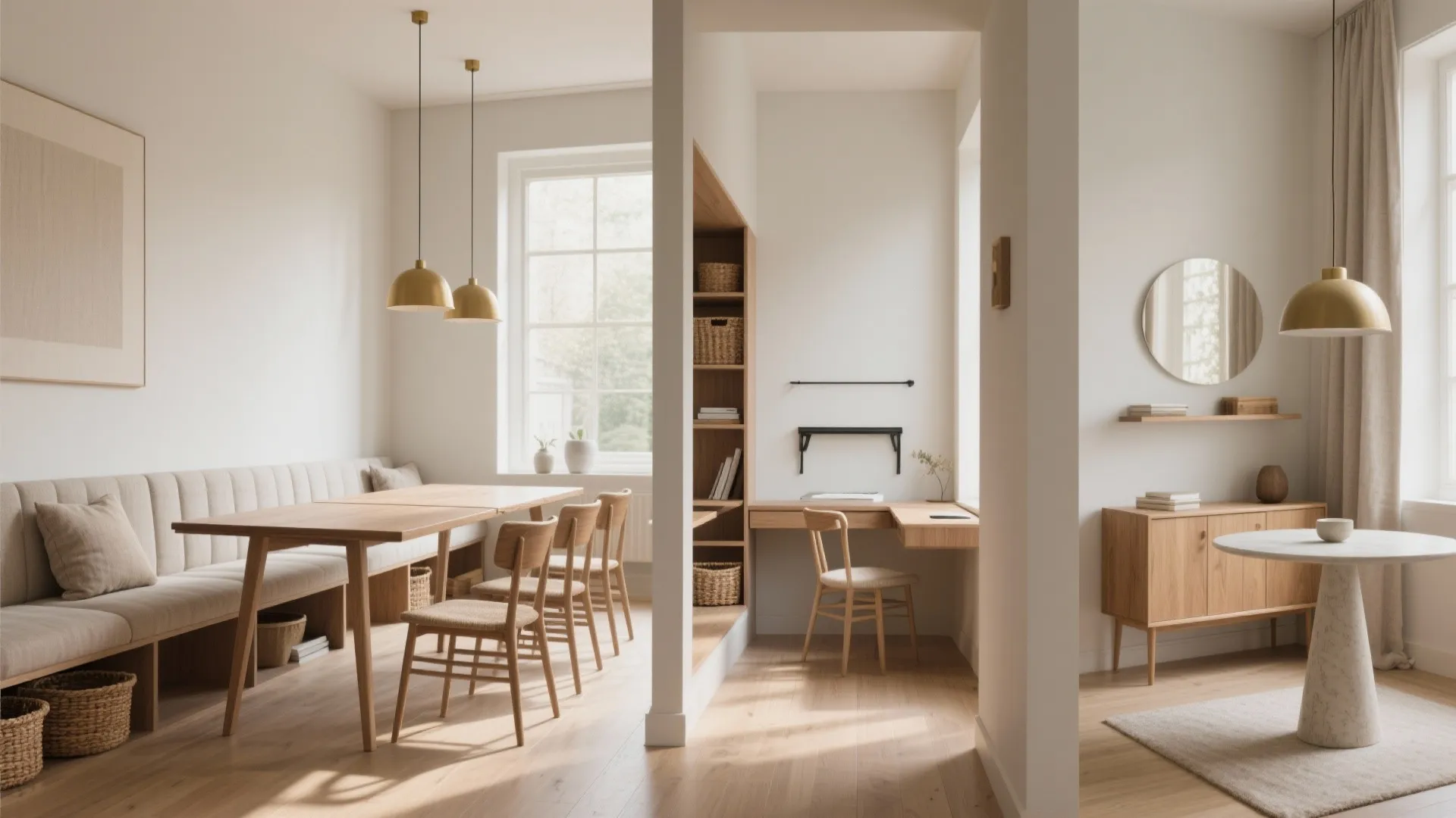 Modern open dining room and home office area with wooden table chairs and gold ceiling light