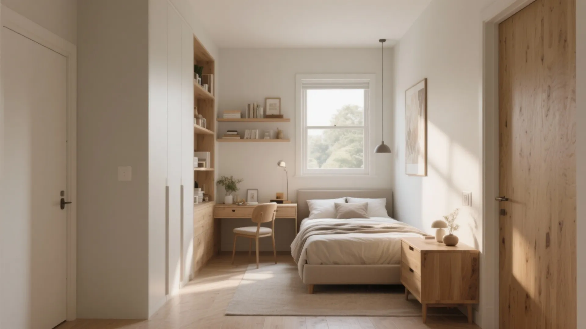 Simple bedroom layout with single bed wooden desk white wardrobe and light coming from window