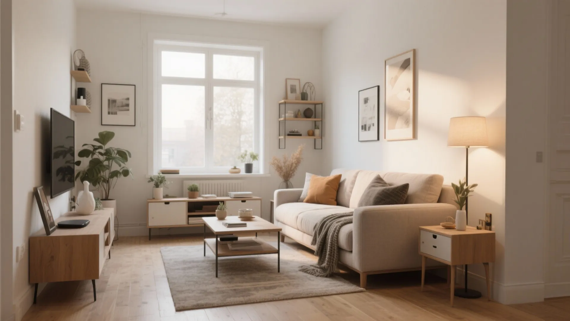 Bright cozy living room with beige sofa wood coffee table television stand and large white window