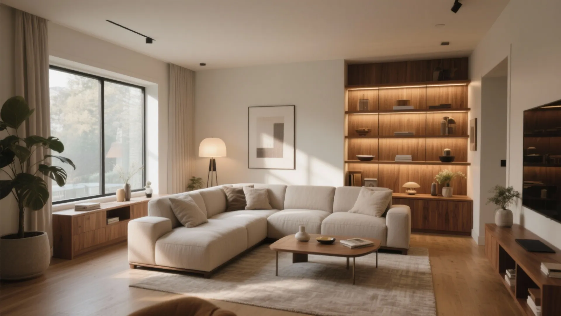 Large beige corner sofa in a living room with wooden bookshelves and a floor lamp