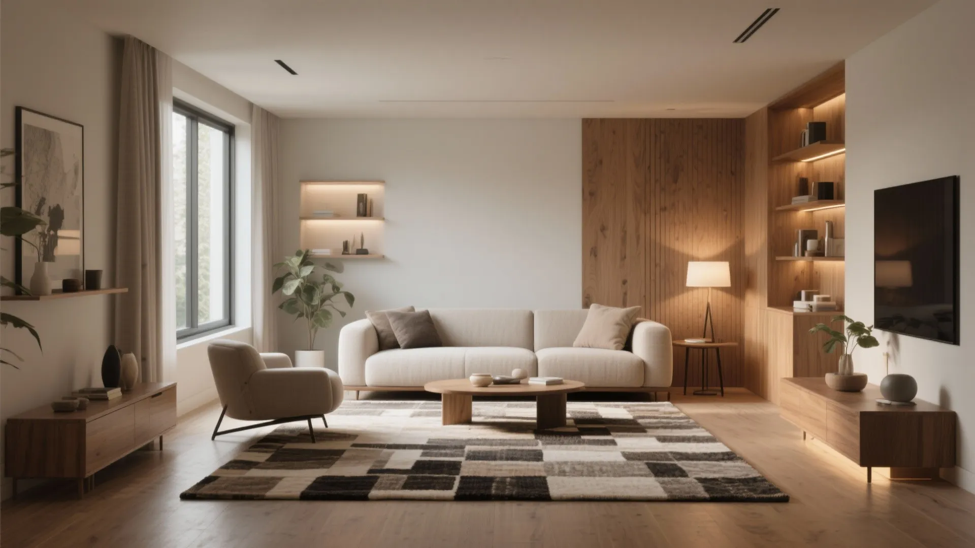Modern living room featuring white sofa wooden coffee table checkered rug and warm wall lights