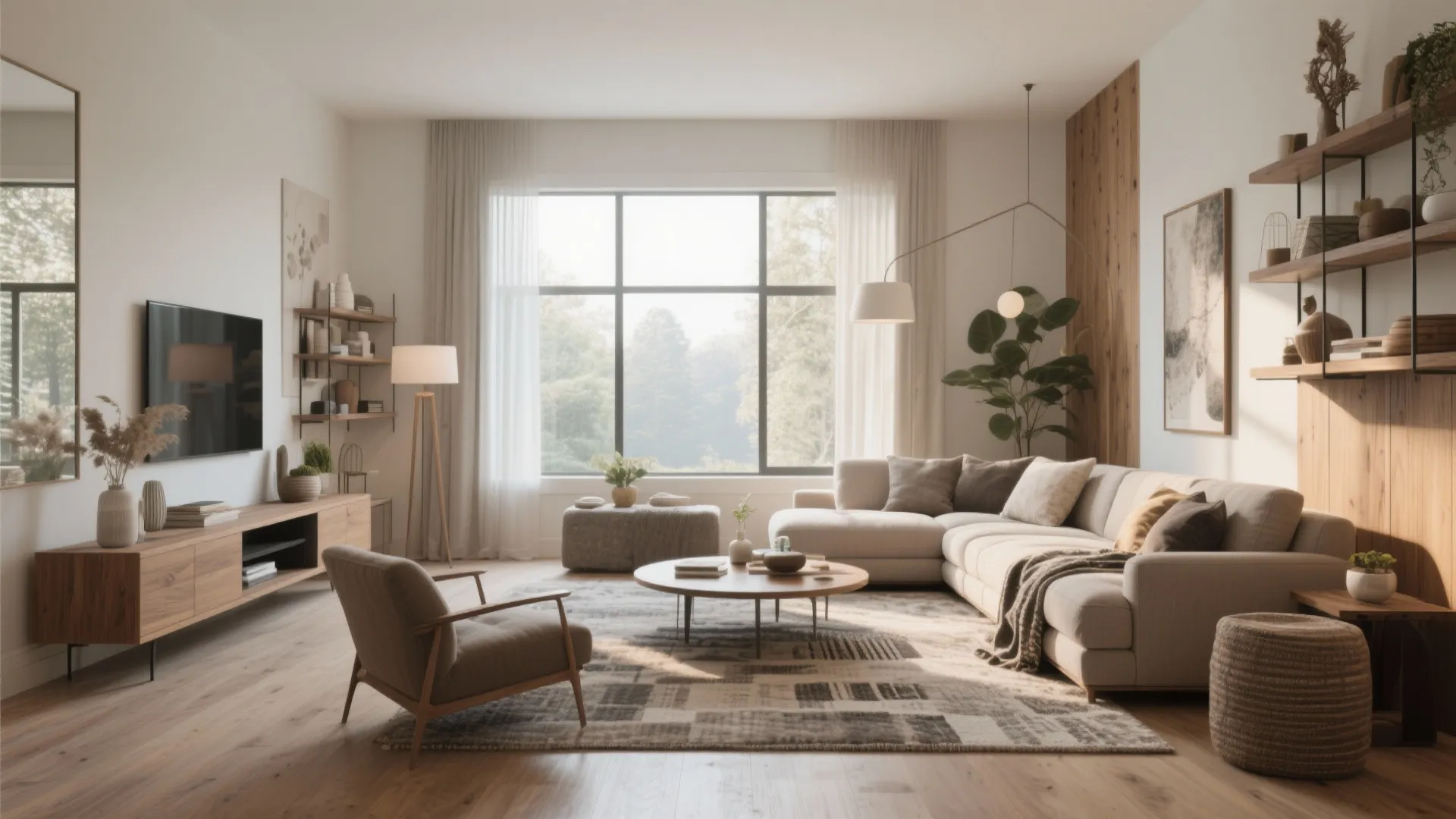 Bright living room with large window corner sofa round table wood floor and wall shelf decor