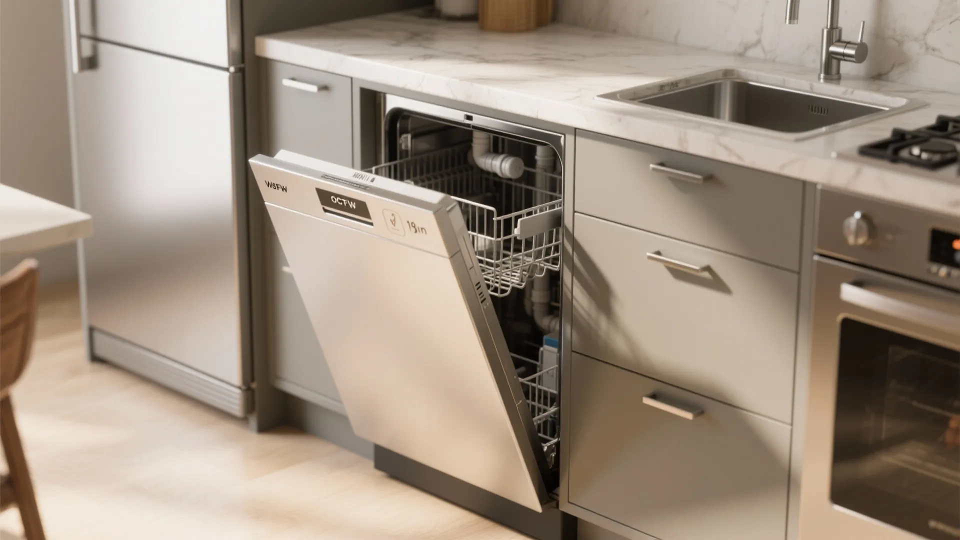 Open silver dishwasher installed in grey kitchen cabinets next to a sink and oven unit