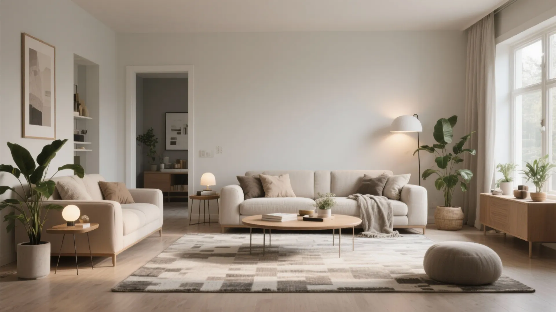 Bright open living room with cream sofas wooden coffee table floor lamp and green potted plants