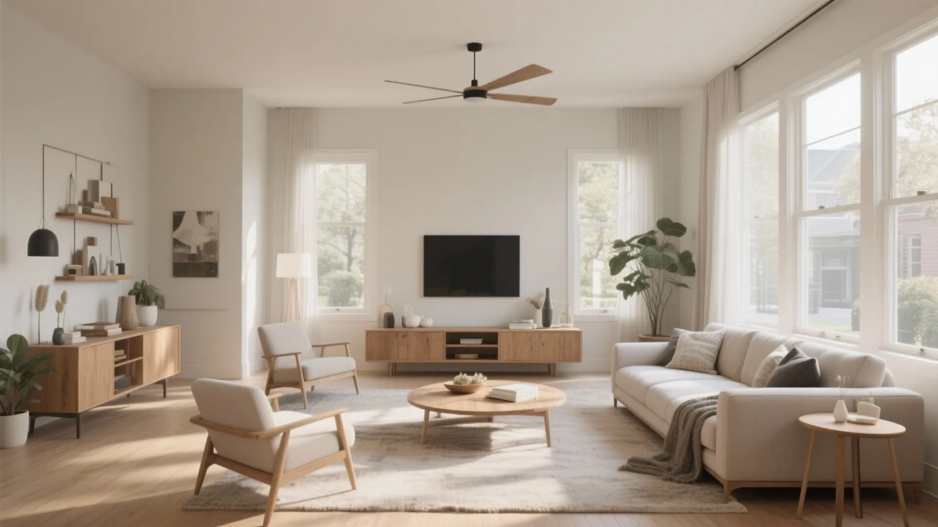 Modern bright living room featuring a white sofa two armchairs wooden table and ceiling fan