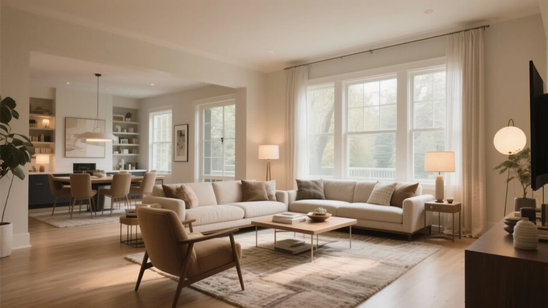 Large modern living room with beige sofa wooden coffee table white curtains and dining area