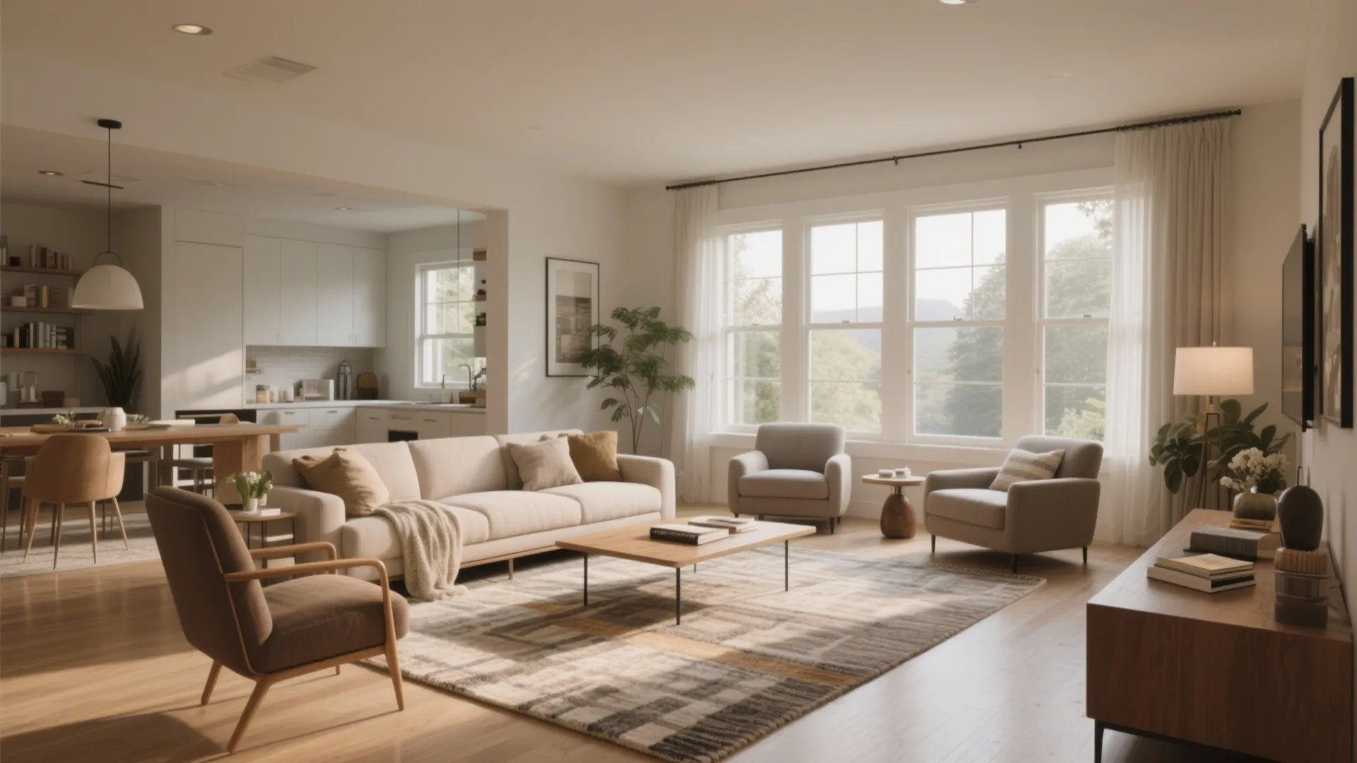 Modern open living room layout with large windows grey sofa coffee table and kitchen area background