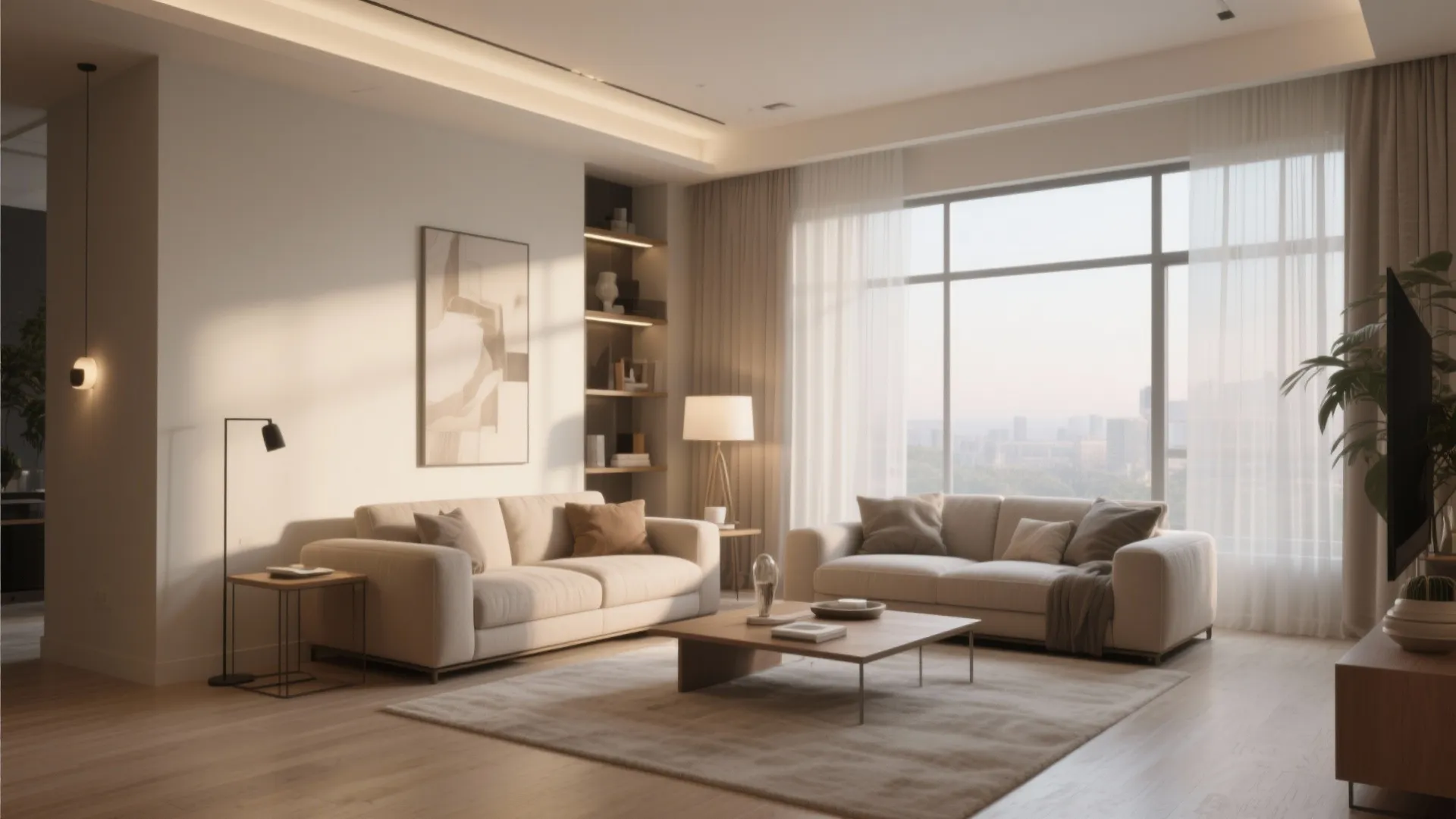Modern living room featuring two beige sofas, wooden coffee table, large windows with curtains and lamp