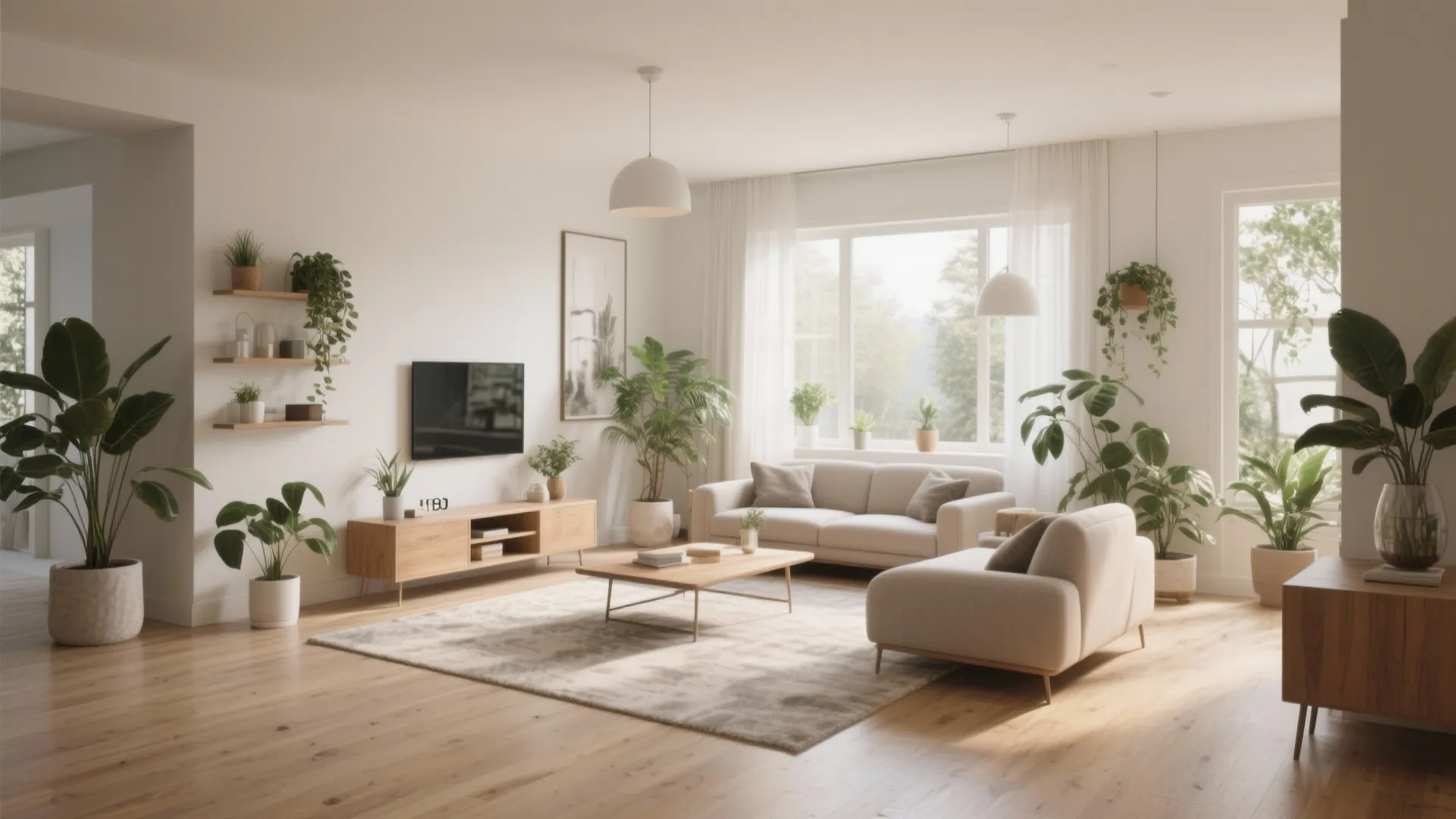 Bright living room with white sofa, many green plants, wall TV, wooden floor and large windows