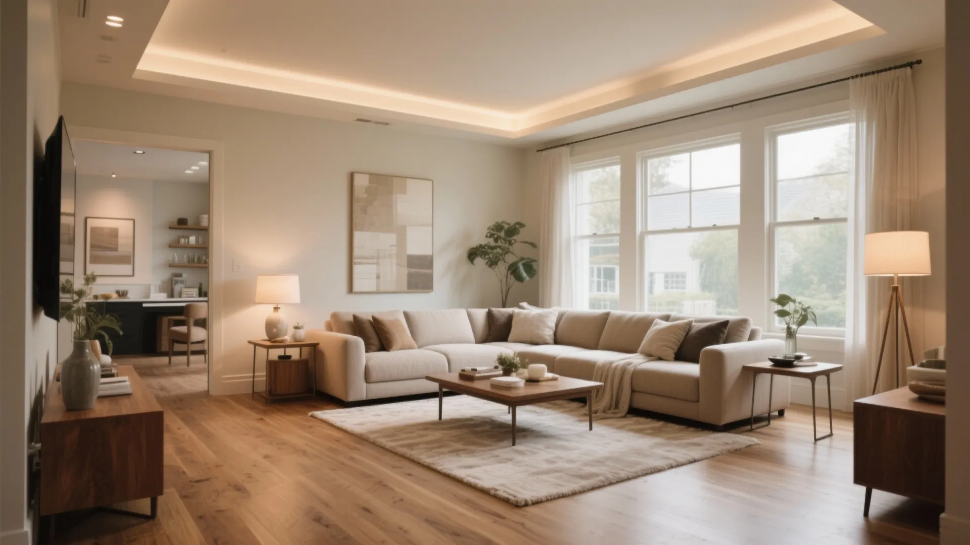 Modern warm living room with beige sectional sofa wooden floor coffee table and soft ceiling light