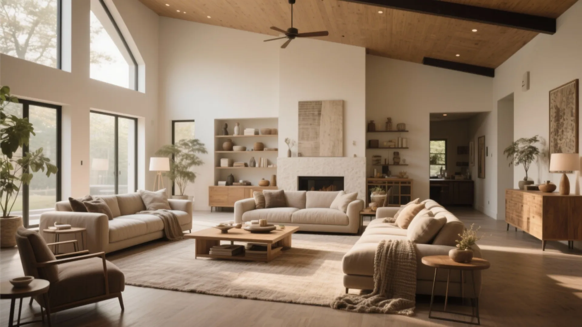 Spacious living room featuring beige sofas, wooden ceiling, fireplace, coffee table, and large bright windows